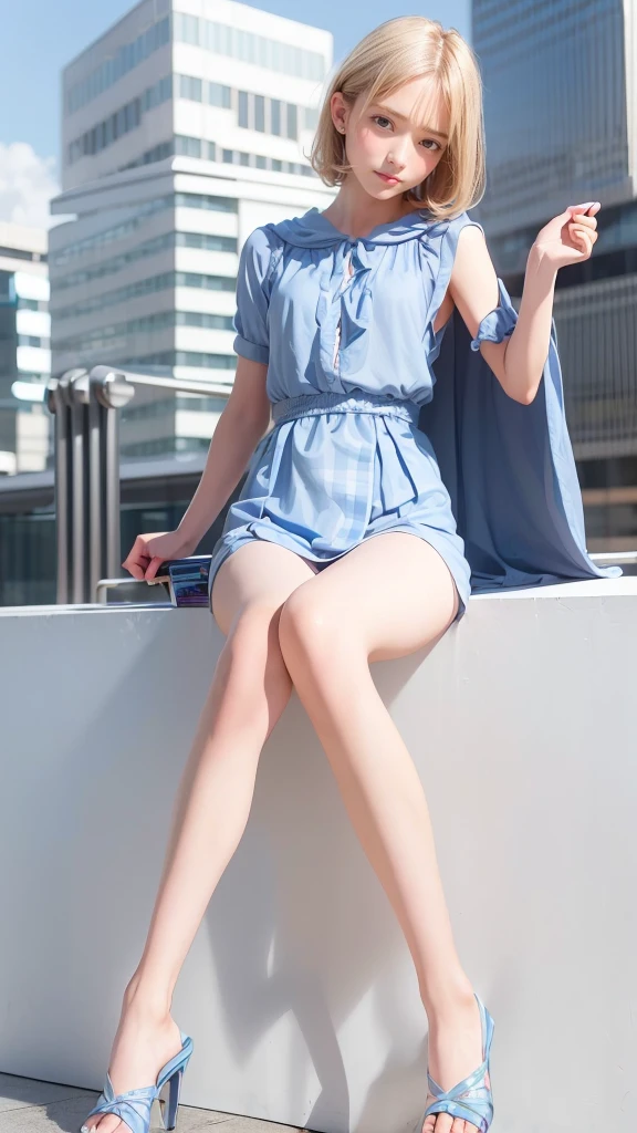 ,blue color,pink hair,black shorts,blue and white blouse,yellow slipper