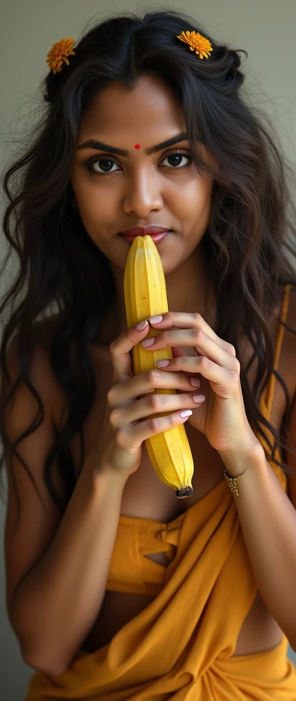 a beautiful woman wearing sexy clothes is cleaning a banana that has a lot of on it.
