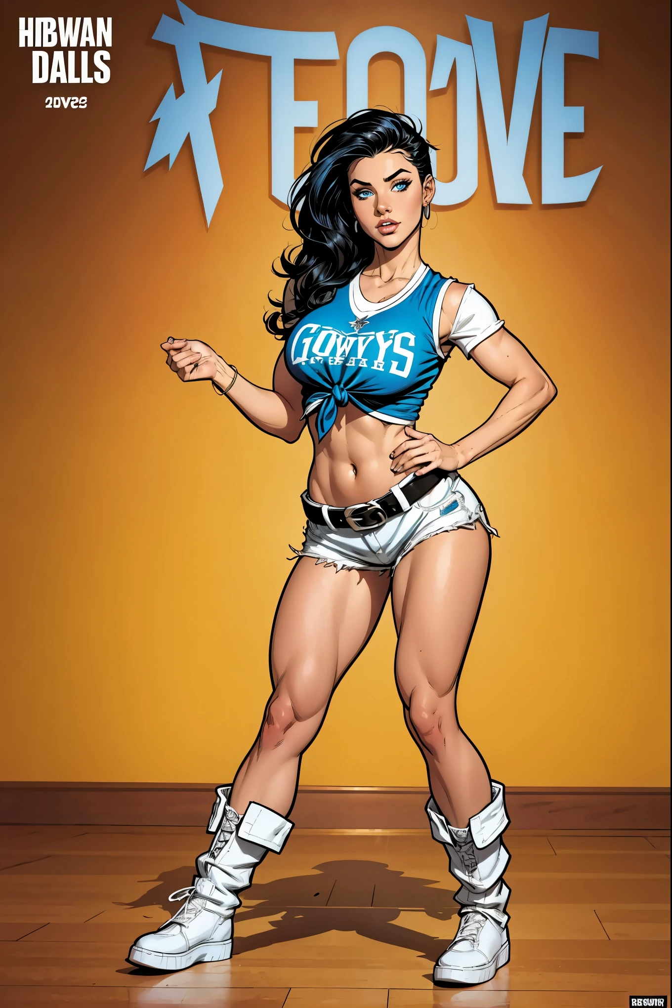 comic style,Beautiful girl, 20 years old, deep black hair, blue eyes, Dallas_Cowboys_Cheerleaders, 1girl, solo, shorts, midriff, short shorts, navel, white shorts, tied shirt, front-tie top, crop top, boots, belt, cheerleader, vest, earrings, jewelry, white footwear,. The most beautiful woman in the world. Comic style, Frank Cho, GJGJAA, full body shot