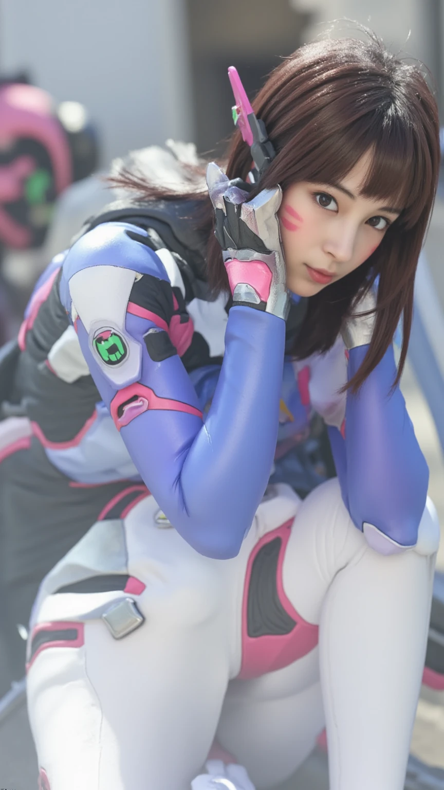 (8k, RAW photos , top quality, masterpiece:1.2), (realistic, photorealistic facing y:1.37),Ultra A High Resolution,full body,(21-year-old woman sticking out her butt:1.3),japanese,Xiaoyan,Transparency,pure white skin,gray eyes,cute,idol,portraits,model,(Famous actress :1.4),(beautiful detailed face on the sheet:1),(beautiful big breasts:1.3),( radiant skin:1.1),Gloss, long limbs, slim,thin waist,pink lips,short bob hair in the background,bungs,ぱっつんbungs,glossy black hair,(perfect face:1.4),((d.va costume :1.3)),(( tight pilot suit :1)),(big ass),(詳細なd.va costumes are intricately worn:1.10),( thin legs), white leather boots ,(((ロゴの多い tight pilot suit ))), white leather gloves ,large crowd,detailed background for an indoor cosplay event,smile