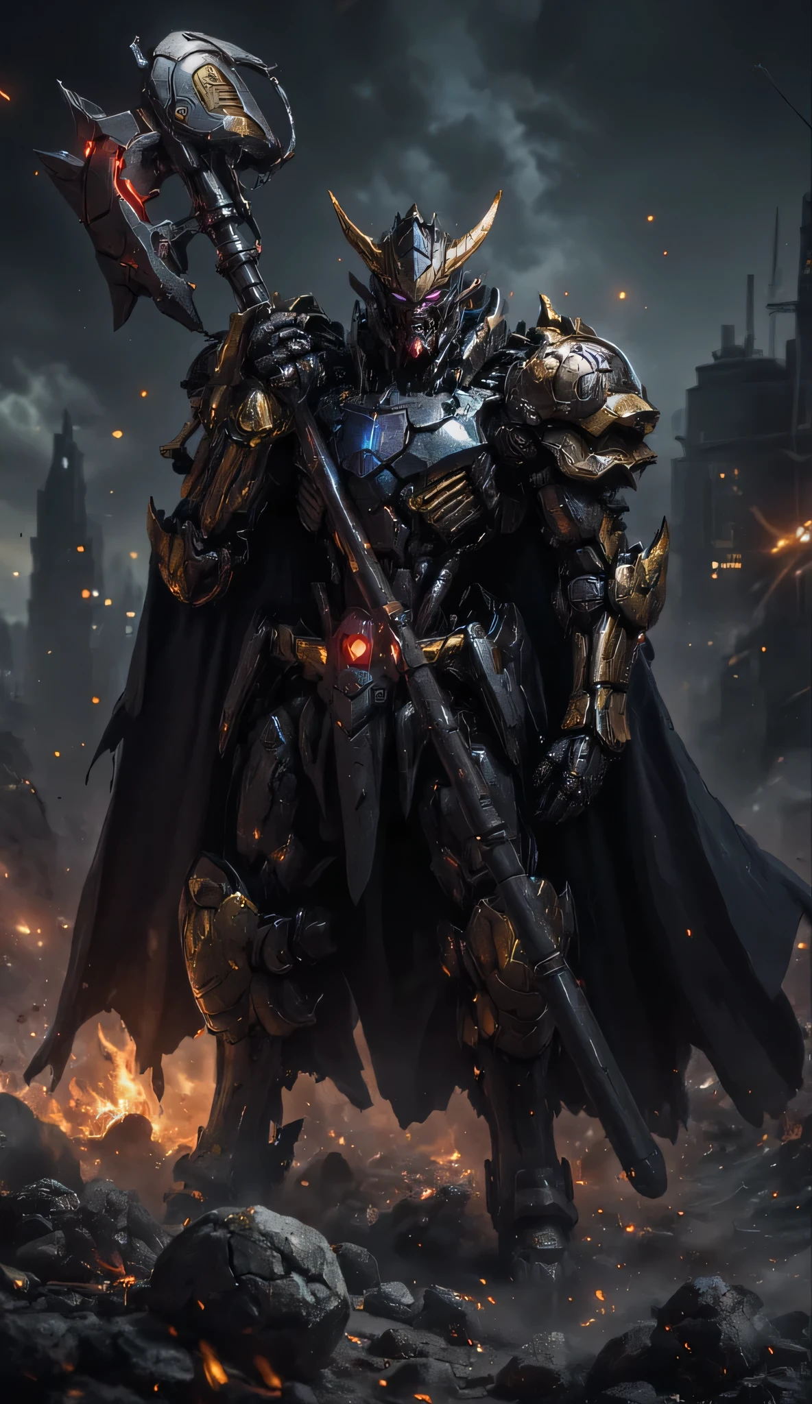 REAL MECHANICAL PARTS, heavy Metal, Darkness, Threatening、details, Mechanical、high image quality, 4K、8k、16k、best quality, high definition, Dynamic Lighting, Rough Textures , shadowing、real、high image quality、realistic、top quality、masterpiece、、Refined and sharp aircraft design、((Hold a super large mace in your right hand))、DETAILS DESIGN、((REAL METAL TEXTURE))、Metal、 full body view、simple design、Functional design、perfect color balance、((REALISTIC URBAN BATTLEFIELD WITH BULLETS FLYING AROUND AND DUST))、blast、(超high definition)、MECHANICAL PARTS、Both eyes are glowing red、I'm not wearing a cape