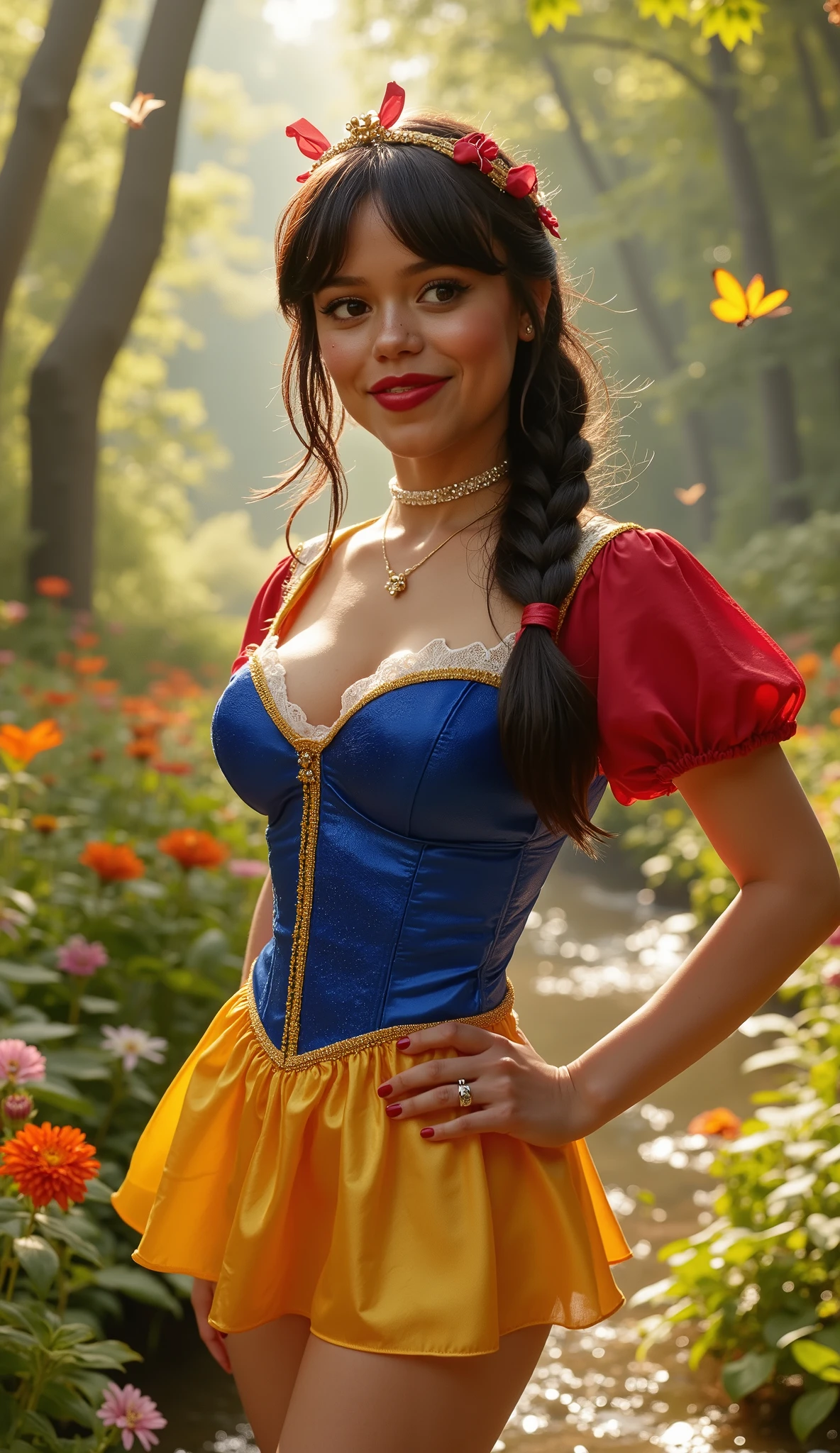 (((MID-BODY SHOT))) medium shot portrait of a sensual Snow White in the vibrant enchanted forest, sunlight piercing through lush foliage, colorful flowers and butterflies around her, wearing a FITTED figure-hugging sapphire-blue corset dress (Pantone 286C) with a (((deep V neckline))), FITTED golden-yellow mini skirt (Pantone 1235C) with playful ruffles, puffed micro-sleeves in crimson-red satin (Pantone 186C), white lace choker with a tiny golden bow, thigh-high glossy red heels, seductive pose with hand on hip, winking at the viewer with a mischievous smile, ruby-red lips parted, porcelain skin glowing under soft sunlight, raven hair in a loose side braid with a red ribbon, forest details: friendly animals (rabbits, deer) peeking behind trees, crystal-clear stream in the background, style: Disney Princess meets Victoria's Secret Fashion Show, hyper-realistic textures (satin shimmer, lace delicacy), FLUX v2.0 enhanced vibrancy + sunbeam diffusion, 8k resolution, dreamy bokeh, faint golden sparkles around her figure, cinematic Disney color grading, (((Keep the exact face and hair details of the selected LoRA))), (((BIG BREASTS))), (((HOURGLASS FIGURE)))