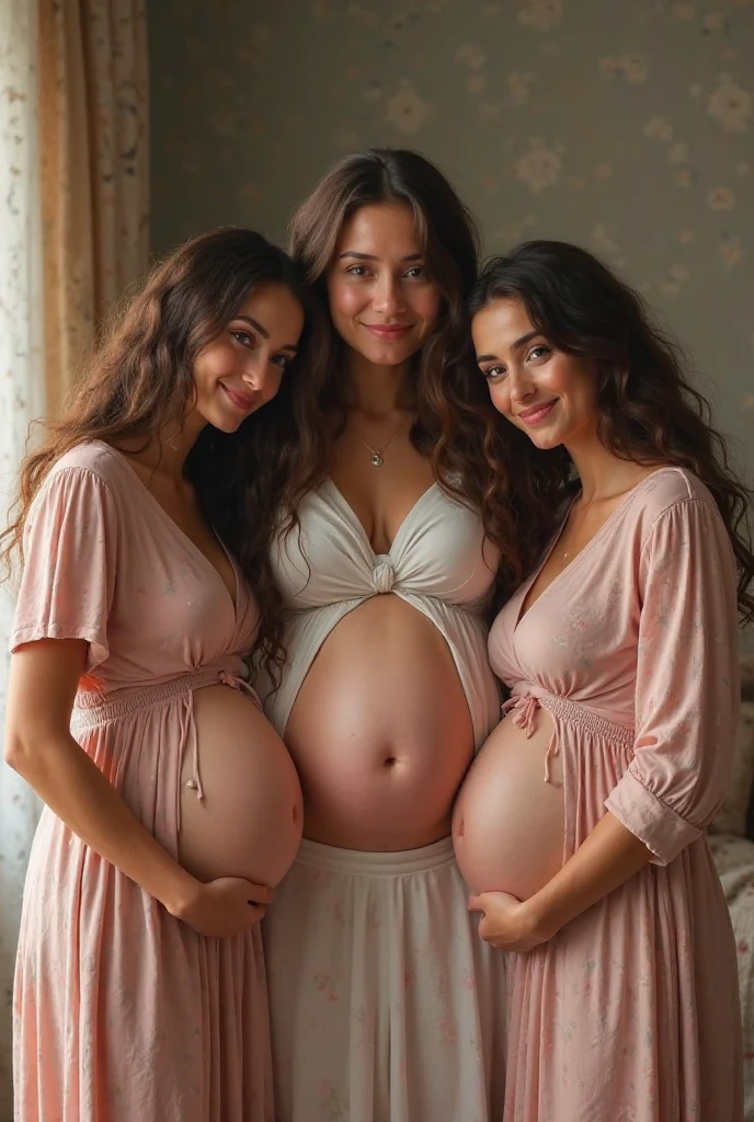 a smiling pregnant woman, sorriso perfeito, olhos perfeitos, hands on belly, perfect hands, cabelos pretos longos perfeitos, usando vestido colorido