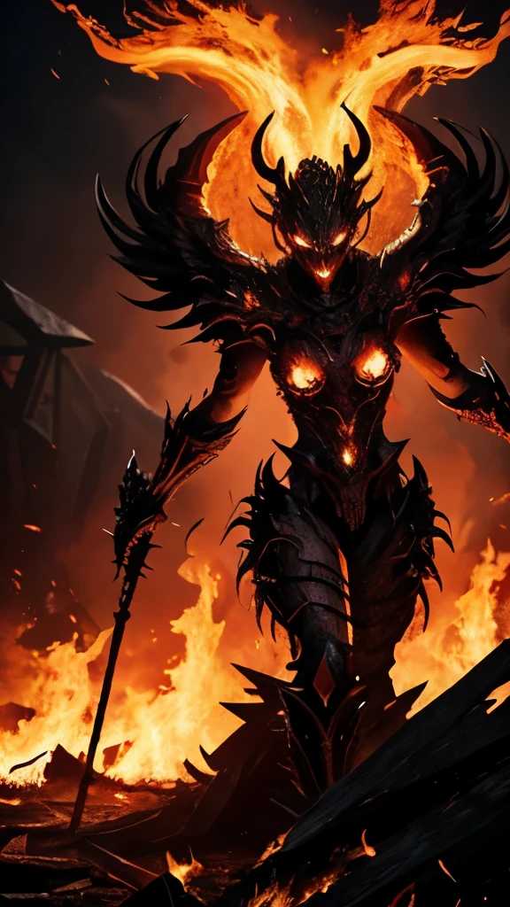 High view, high angle of camera, A beautiful and sexy queen of hell, anime style. walking through a dark, rotten and burnt Hades, showcasing the fiery green hair and thin black horns with incandescent cracks, black tears, golden ornament. Every space and build in the landscape is meticulously rendered, from the most desolate and terrifying hell, creating a visually stunning and immersive world. The overall effect is a terrifying mix of fantasy, glitter and nostalgia, hellpunk and horror anime. 2.5D style anime, close-up, fine quality yellow eyes, fiery yellow eyes without sclera, ultra detailed, Beautiful and aesthetically pleasing, masterpiece, Best quality score, Extremely detailed , dynamic angle, raytraced, middle body, close up, high view, particles and hard lights, angulo picado. green, red, purple and black