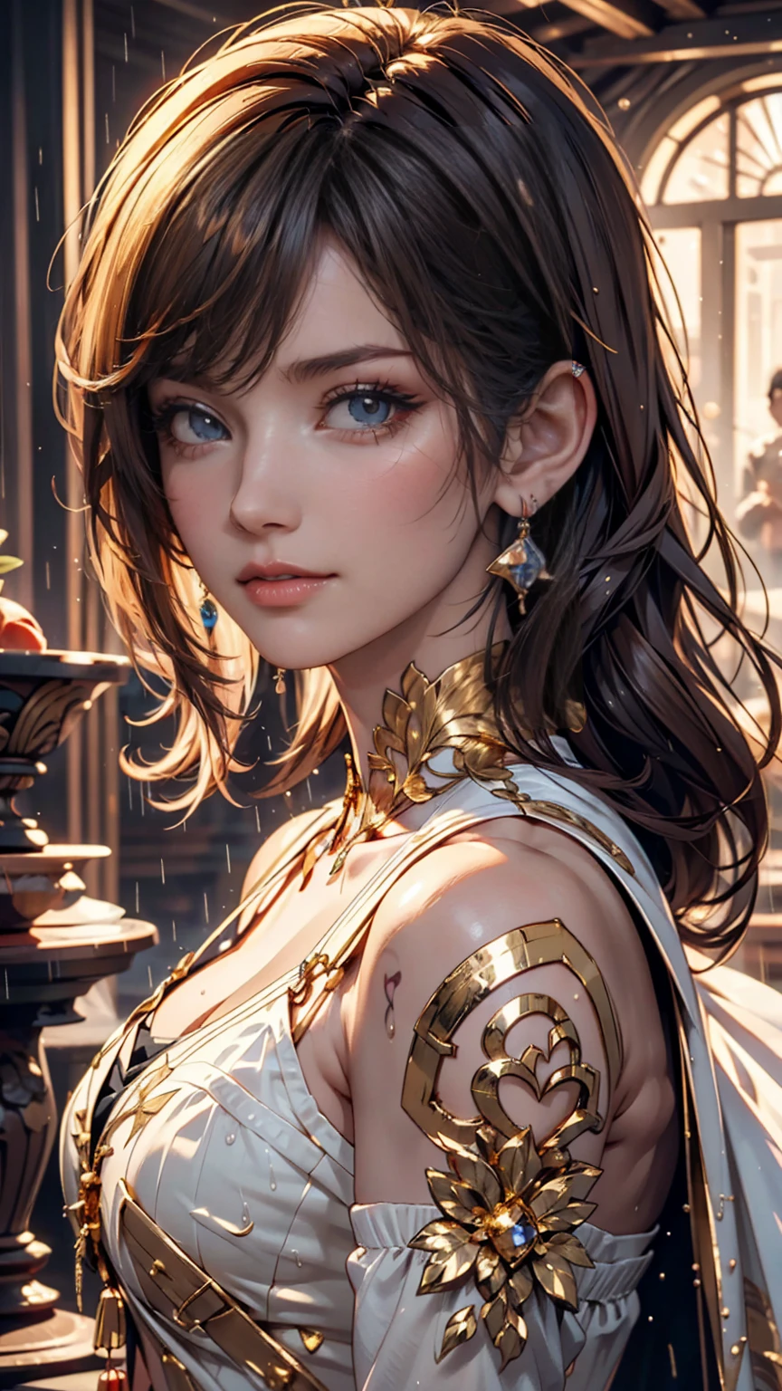 (((masterpiece, of the highest quality, super detailed))), (a female knight of an occult order), Edwardian/Victorian era inspired, ((minimal but intricate beautiful armour)), Fluttering lace flared dress with frilly petticoats, ((((Highly detailed face))), ((ponytail, thick ponytail, heavy ponytail)), (((Very sharp focused eyes))), very long eyelashes, (resolved expression), resolute expression), small breasts, (((flat chest:1.1))), occult aesthetic, (red and white clothing detailed and intricate steampunk and detailed gothic), (with a hood), complex lace boots