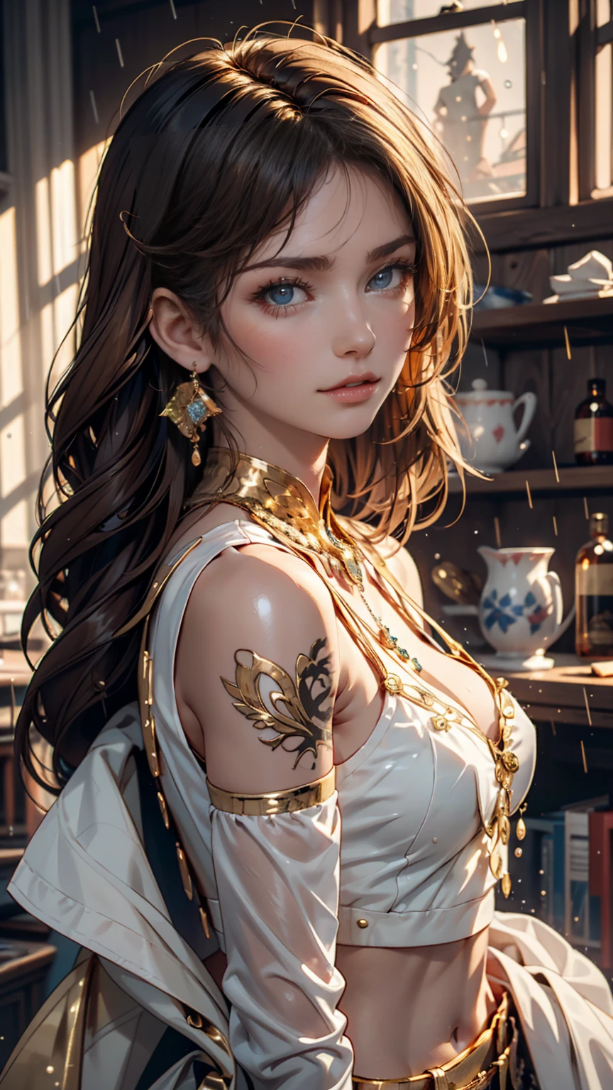 (The Goddess of Sand, beautifully decorated like in the movie, Golden Dress, Shiny gold tattoo), (Galactic Shaman with Quantum Energy Fantasy), Fantasy magic, Long Hair, Dark light night, Complex, Mysterious, Sharp focus, figure, Very detailed, Digital Painting, コンセプトart, mat, (art：WLOP), (Justin Gerard and Jason Edmiston: 1.5), (Greg Rutkowski: 0.4), (Alphonse Mucha: 0.4), masterpiece