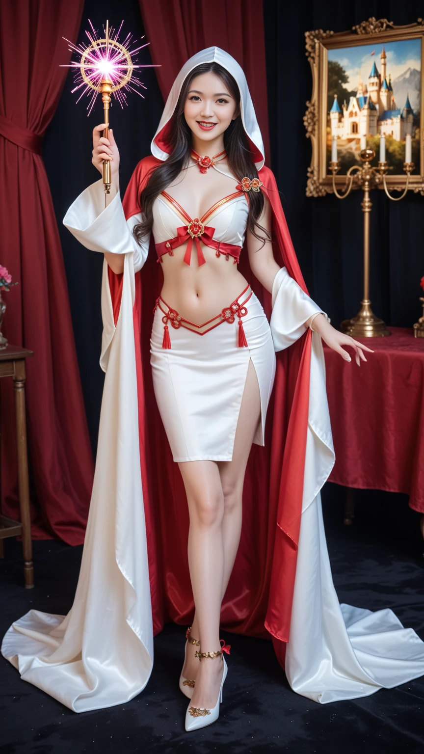beautiful and delicate woman,The eyes and face are very detailed, exquisite eyes, super detailed, High resolution, The content is very detailed,best quality,EnLightenment,unity,8k wallpaper,masterpiece,best quality,imagine,1 girl,Wear sexy red bikini armor,The armor has patterns,Red style priest cloak,priest hat,standing posture,long legs,put on red boots,look at the audience,facing the audience,flowing long hair,Surreal 8000g,Impeccable,masterpiece,professional artwork,famous artwork,Light,movie bloom,perfect face,pretty face,fantasy,Dreamy and magical,not real,intricate details,Exquisite pattern…Korean woman’s face
