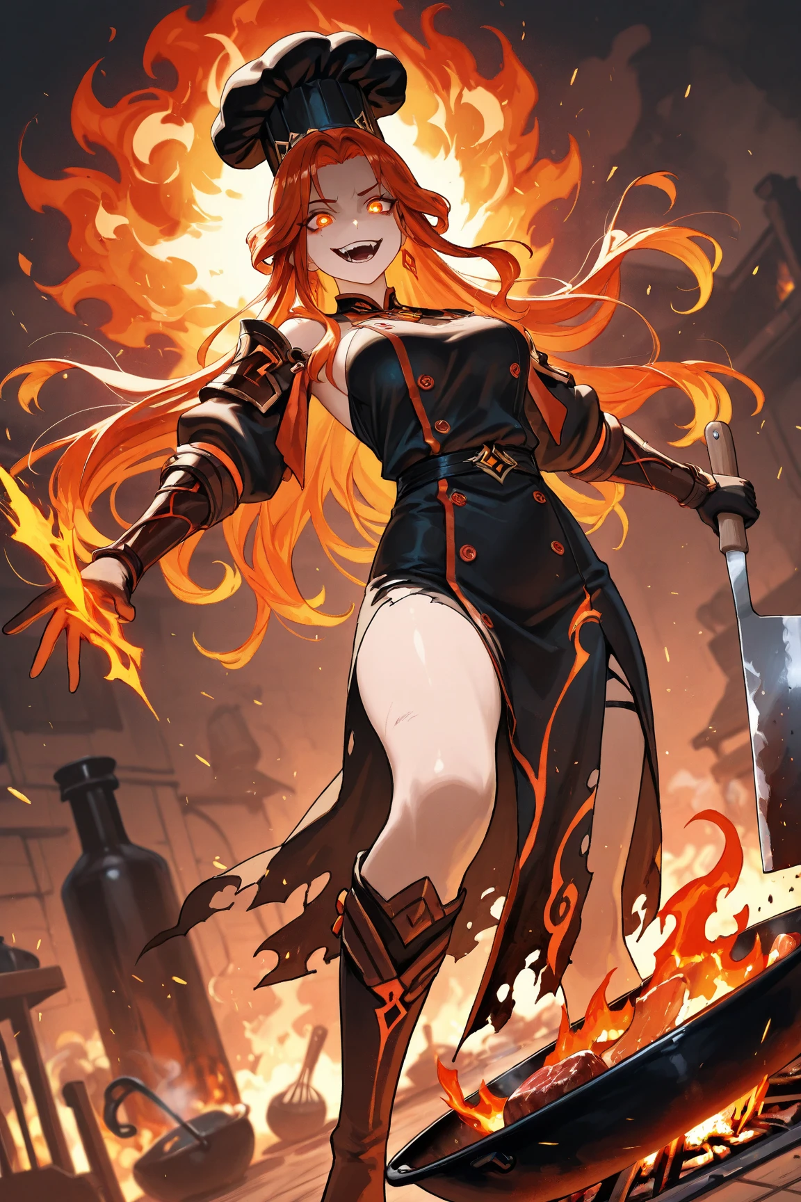 1girl, half-human and half-dragon, red hair, medium hair, dragon horn, thin and messy hair, golden eyes, sharp and wild eyes, hot-blooded, aggressive, lonely, needy, arrogance, instability, immense power and fire magic, wearing armor made of dragon scale, red and black armor, cleavage, navel, dragon wings, castle, middle age, fantasy,