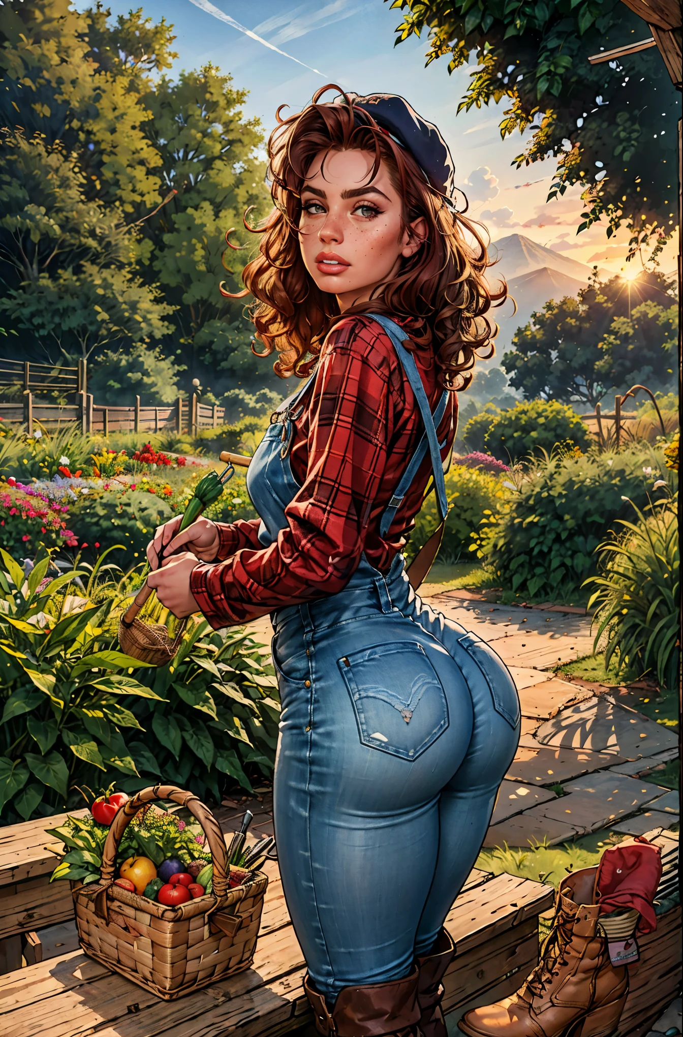 (best quality,4k,8k,highres,masterpiece:1.2),ultra-detailed,realistic,red-haired girl with freckles,beautiful detailed eyes and face,smug expression,sassy attitude,cute girl,curly red hair,plaid shirt,denim overalls,hat,farmer boots,brown curly hair,long eyelashes,thick booty,farm background,holding a basket of fresh vegetables,gardening tools,morning sunlight,vivid colors,rustic style,soft lighting