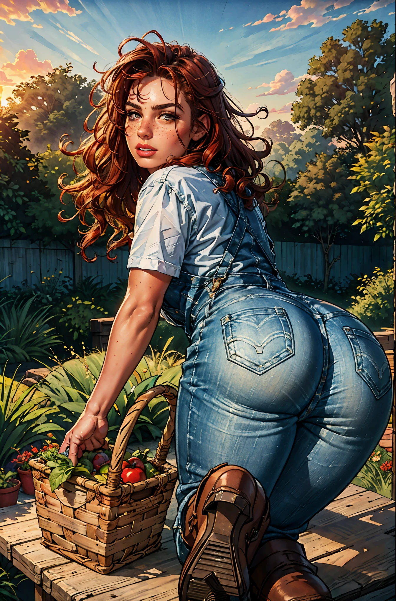 (best quality,4k,8k,highres,masterpiece:1.2),ultra-detailed,realistic,red-haired girl with freckles,beautiful detailed eyes and face,smug expression,sassy attitude,cute girl,curly red hair,plaid shirt,denim overalls,hat,farmer boots,brown curly hair,long eyelashes,thick booty,farm background,holding a basket of fresh vegetables,gardening tools,morning sunlight,vivid colors,rustic style,soft lighting