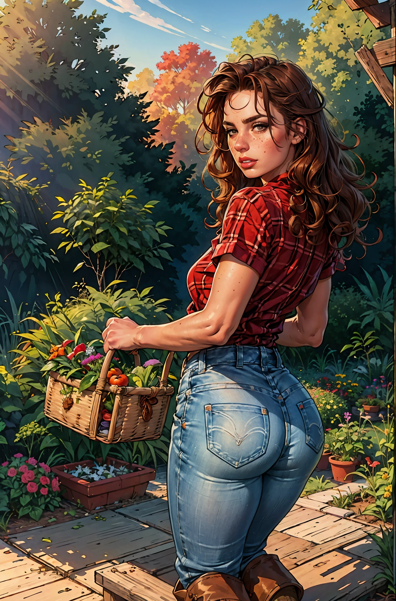 (best quality,4k,8k,highres,masterpiece:1.2),ultra-detailed,realistic,red-haired girl with freckles,beautiful detailed eyes and face,smug expression,sassy attitude,cute girl,curly red hair,plaid shirt,denim overalls,hat,farmer boots,brown curly hair,long eyelashes,thick booty,farm background,holding a basket of fresh vegetables,gardening tools,morning sunlight,vivid colors,rustic style,soft lighting