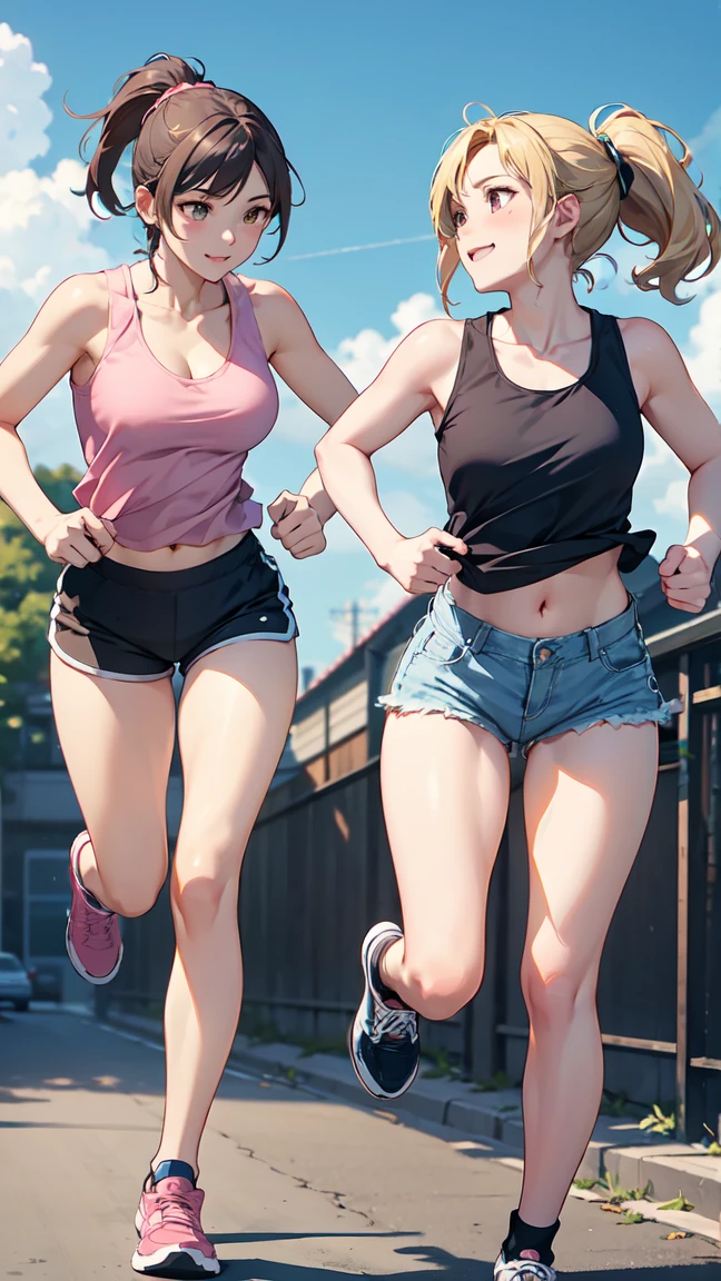 in a park, short pixie cut, blonde, blue eyes., tying her hair, ((small breasts, armpits)), sneakers, (((full body view))), daisy dukes, bralette, beautiful face, thick eyebrows, tomboyish