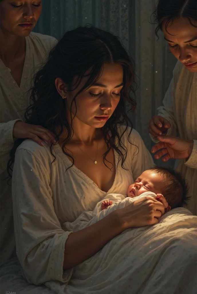 A beautiful young woman with long dark hair holding a small baby in her arms, the child's father is a stern-looking man with a hooked nose, ethereal lighting, detailed realistic portrait, cinematic composition, dramatic chiaroscuro lighting, deep emotional expression, cinematic quality, 4k, masterpiece, highly detailed, photorealistic
