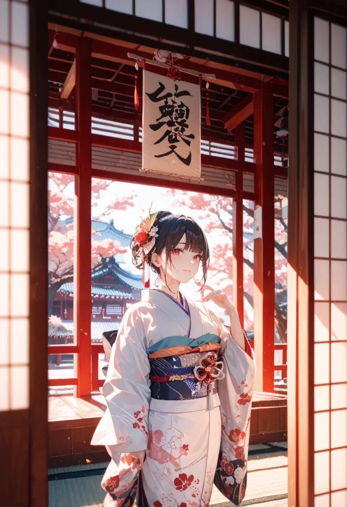 (((Best quality, 8k, Masterpiece: 1.3)), ((best quality)), ((masterpiece)), (detailed), perfect face, perfect body, (detailed skin:1.3), (intricate details), Kyoto, geisha, Oiran, kimono, courtesan, Japanese house, geisha hut, shamisen, folding screen, off-shoulder