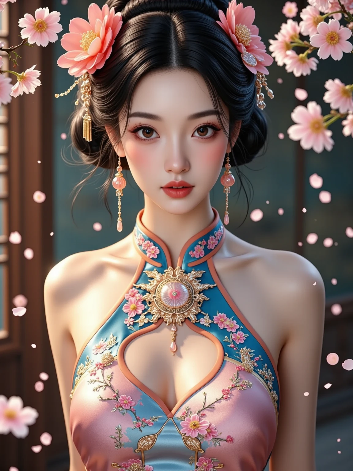 (masterpiece, Top quality, best quality, Official Art, beauty:1.2),(The Most detailed and clear facial features:2.0,Face profile:1.0) (1 Chinese Goddess:1.5), Very detailed,(Art:1.1),(rich and colorful:1.1)(Flowers:1.3),Most detailed, (Dynamic poses,Show your thighs:2.0), (blue sky white clouds moon background:1.3), (Full body lace:1.2), (Many colors:1.4), ,(earrings:1.4),