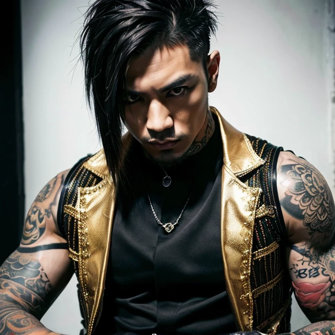 Tan-skinned boy, 22 years old, blue eyes defined body wearing a black leather tank top in a combat pose with his runic sword, black hair with mohawk, tribal features of desert Bedouins in his clothes, he has a defiant look and is amid ruins in the desert --auto --s2