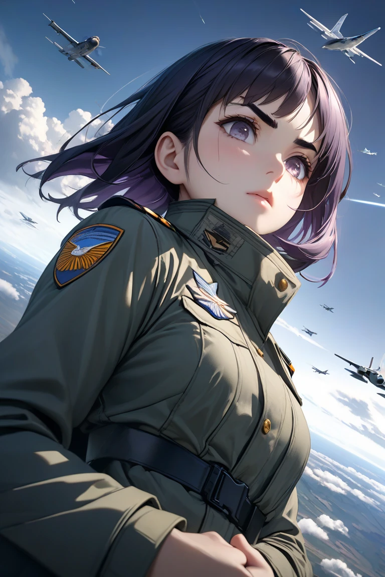 1girl, sunlight, closed mouth, battle field, airplane, looking away, <lora:renji_murata:0.87>