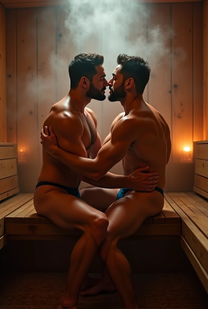 Two masculine men sitting in a sauna embracing. Photorealistic lighting style
. ((high quality:1.2, masterpiece:1.2)), CGI, VFX, front lighting, photorealistic. shot on canon eos 6d, canon ef 24-105mm f/4l is usm, nikon af-s dx zoom-nikkor 18-55mm f/3.5-5.6g vr