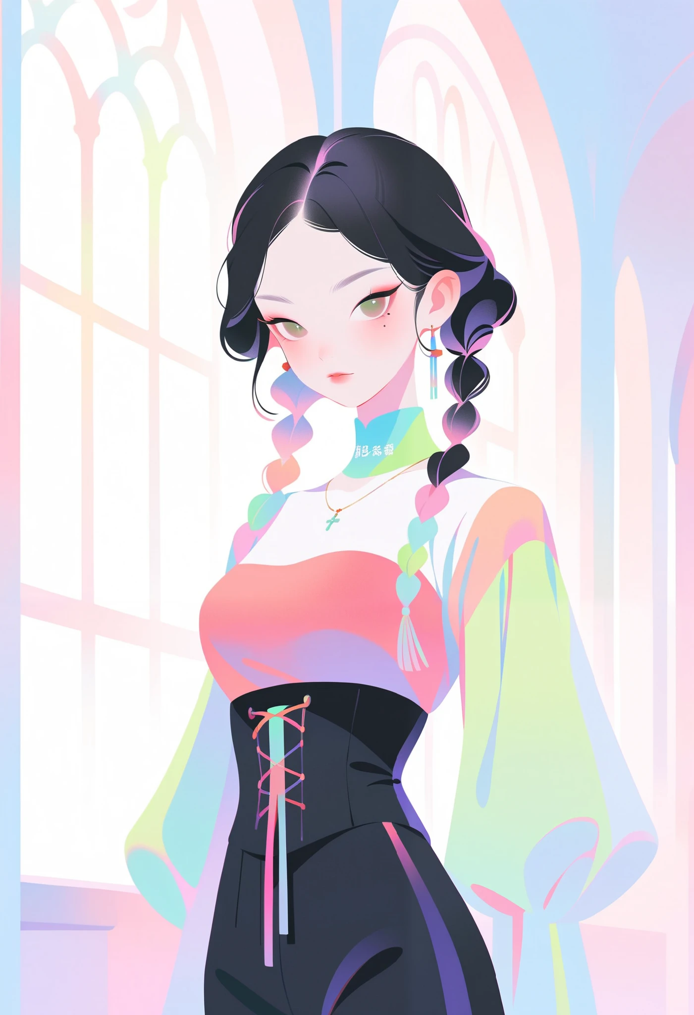 ColourfulPotr41t89, 1girl, solo, braid, black hair, standing, cowboy shot, long sleeves, , green eyes, looking at viewer, twin braids, long hair, corset, puffy sleeves, pants, closed mouth, juliet sleeves, black pants, hair over shoulder, red shirt, shirt, indoors, cross-laced clothes, mole, mole under eye, , jewelry, necklace, sunlight, church, parted bangs, , puffy long sleeves, window