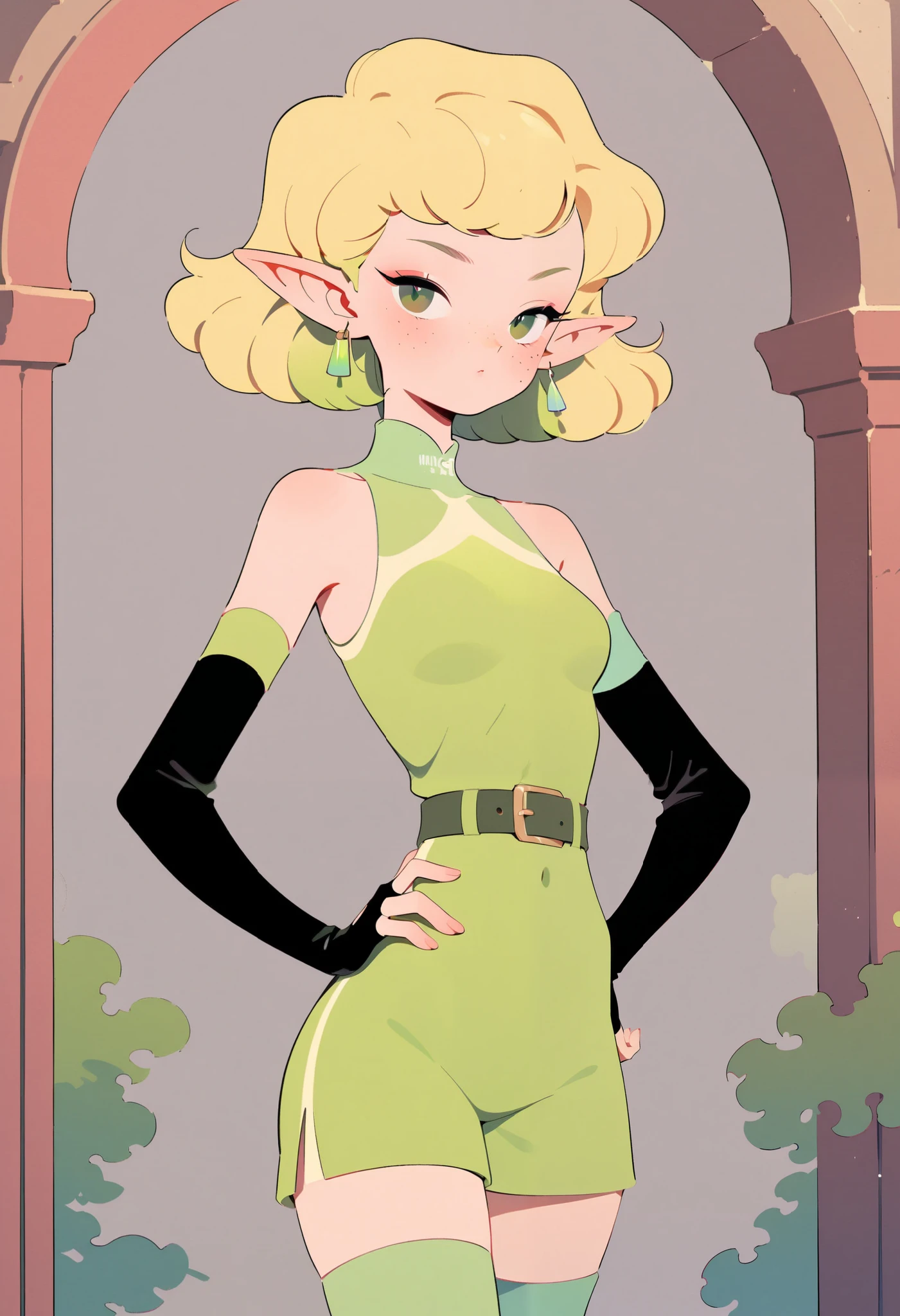 ColourfulPotr41t89,, Vintage_v1, 1girl, pointy ears, green eyes, solo, blonde hair, freckles, gloves, fingerless gloves, short hair, looking at viewer, breasts, elf, elbow gloves, hand on own hip, thigh boots, medium breasts, bare shoulders, closed mouth, bodysuit, contrapposto, covered navel, boots, standing, thighhighs, black gloves, cowboy shot, indoors, belt