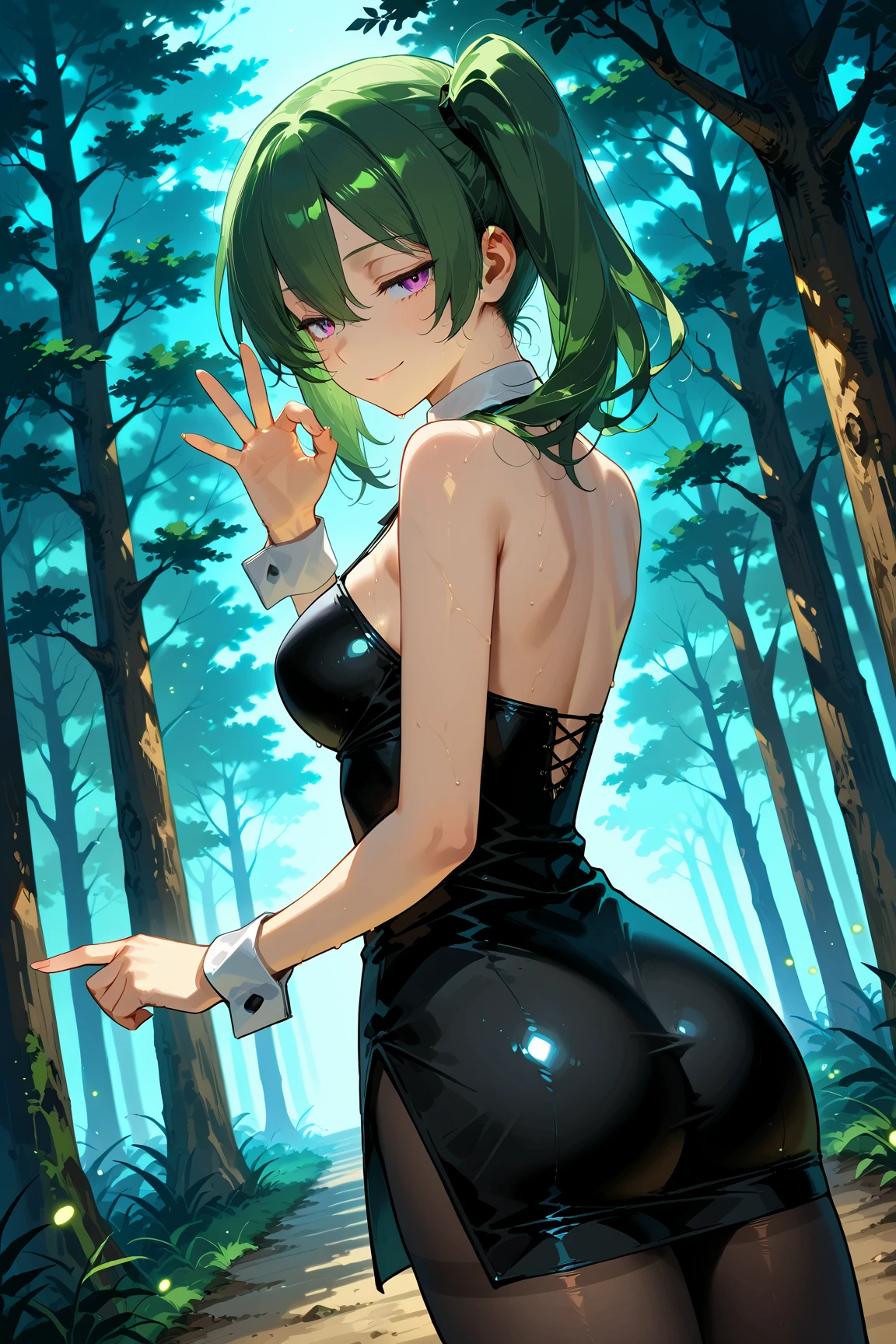 (masterpiece,best quality),only one woman,(All-black tight morphsuit wrap fullbody),black eyes,(black low pigtails:1.2),blunt bangs,hime cut,smile, beautiful girl,beautiful hands,shiny eyes