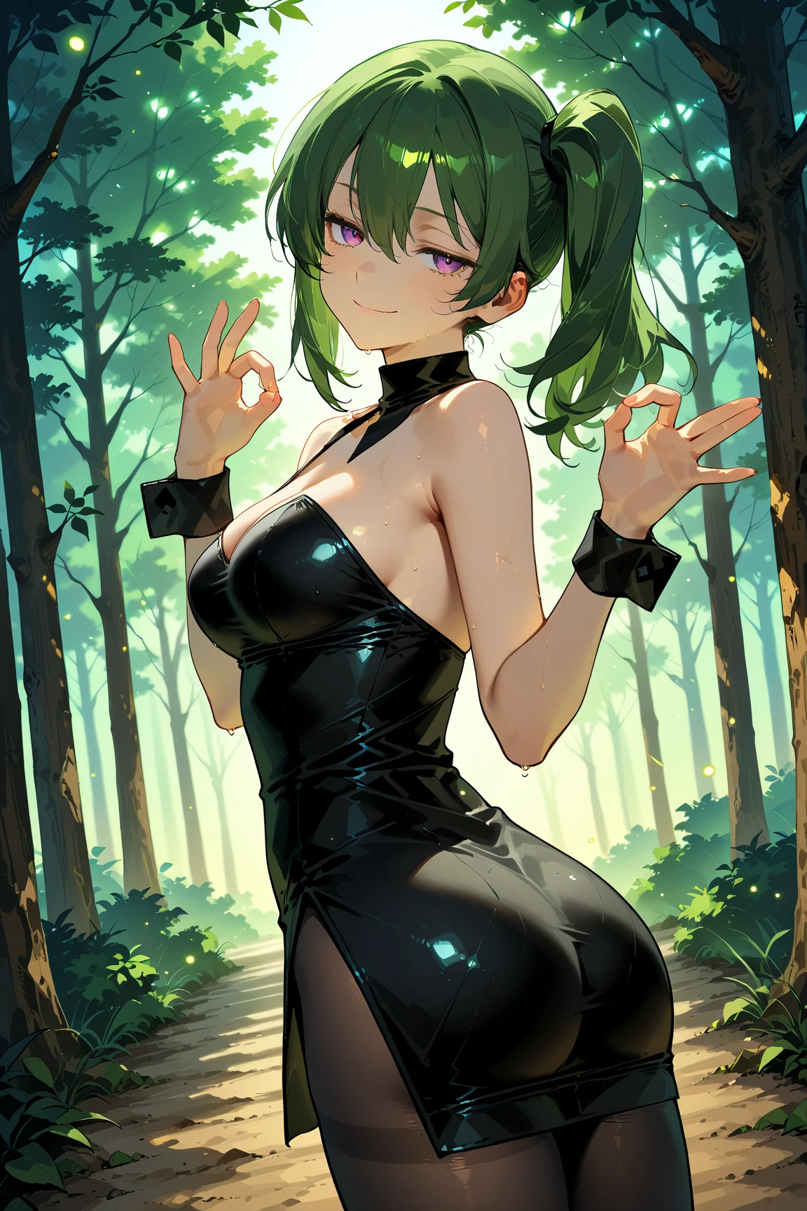 (rain:1.4), ((forest,roots)), ((night)), 

(ultra-detailed,absurdres,absolutely resolution,highres:1.3), clothes reflecting light, cinematic lighting, 
1girl, solo, BREAK 

(lying,on stomach:1.4), ((back shot)), (ass:1.3), (((lie face down))), (arm up:1.3), (pussy:1.3), (corpse,dead girl,The girl is dead:1.3), (shoot from above:1.3), BREAK 

(cum in pussy:1.3), (creampie,cum_pool:1.4), A lot of semen is overflowing from her vagina, Semen is dripping on the floor, (((cum,after sex))), BREAK 

(expressionless:1.4), (((open eyes,empty eyes))), drooling, (saliva trail):1.3, (streaming tears):1.3, (open mouth):1.2, 
BREAK 

(aayorf,gold hairband,hair ornament,black hair,sidelocks,updo:1.3), gold earring, BREAK 
(aayorf,two-sided dress,black dress,choker:1.3), fingerless gloves, bare shoulders, BREAK 
(wearing black thigh boots:1.3), 