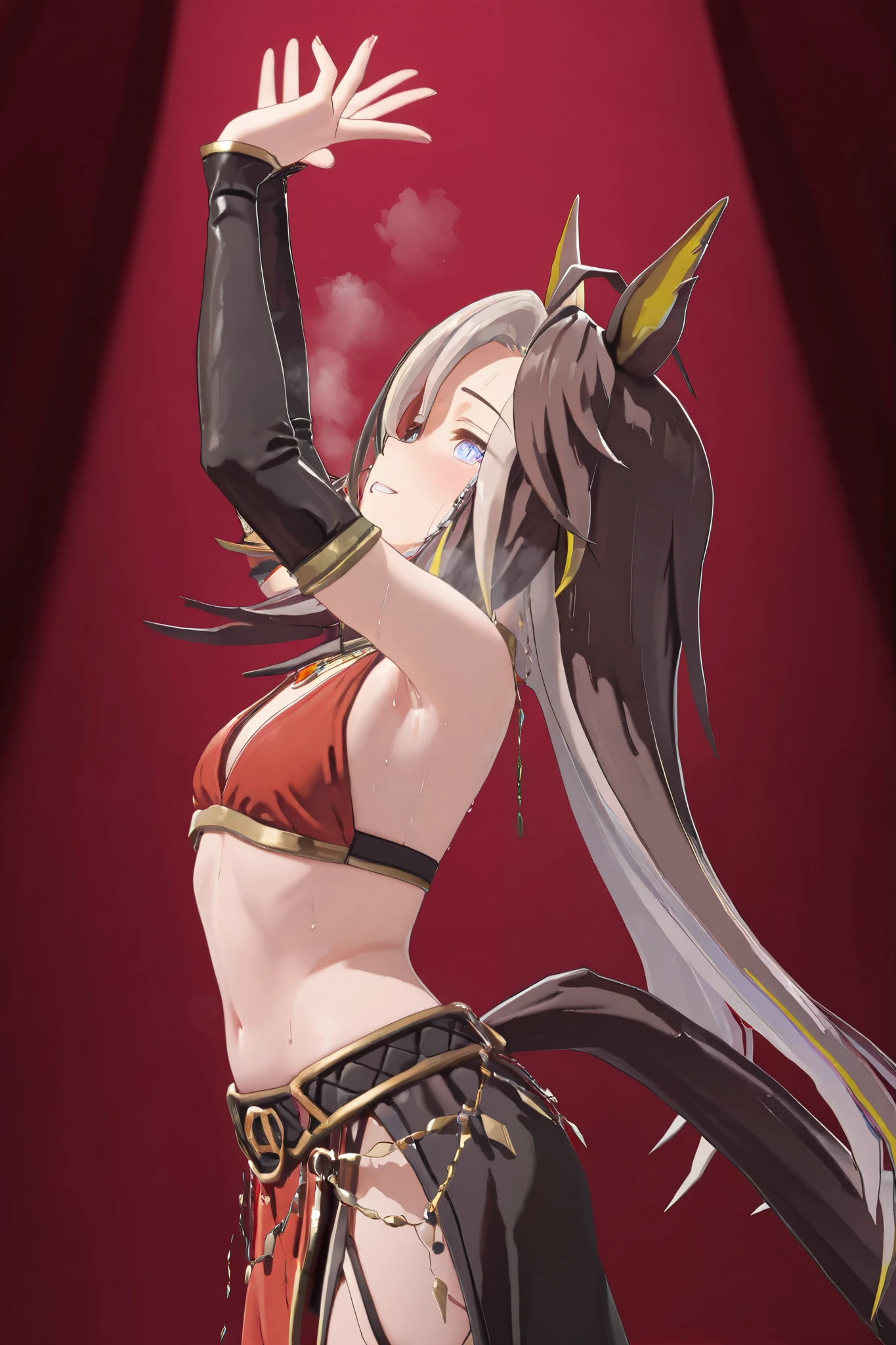 NSFW,masterpiece,top quality,high definition,very detailed,dreamjourney(umamusume), dancer, Arabian Outfit,gem,red面,rough breath,sweat,dancing,red,pink,gold,soft light,Fine texture,Luxury Background,magical atmosphere,fantasy world,Superb 3D rendering,photorealistic facing y,ultimate detail