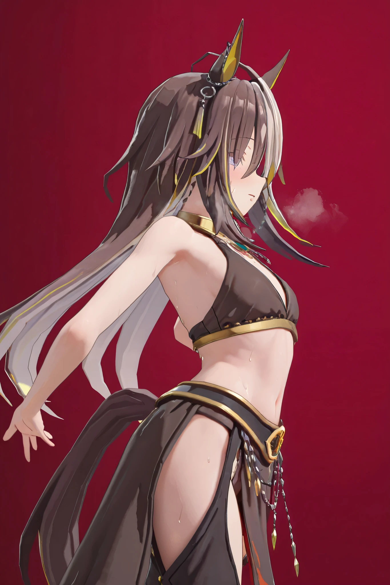 NSFW,masterpiece,top quality,high definition,very detailed,dreamjourney(umamusume), dancer, Arabian Outfit,gem,red面,rough breath,sweat,dancing,red,pink,gold,soft light,Fine texture,Luxury Background,magical atmosphere,fantasy world,Superb 3D rendering,photorealistic facing y,ultimate detail