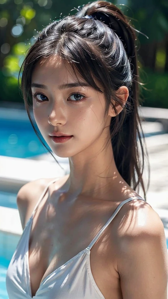Pool at night,bikini swimwear,One woman,close up face,fully body photo,masutepiece, The highest image quality, High quality, the background is clear，Beautiful woman, Japanese, Detailed, Detailed eyes, Detailed skin, Beautiful skin, 超hight resolution, (reality: 1.4),Very beautiful woman, Slightly younger face, Beautiful skin, slender, (Ultra photo realsisim), (hight resolution), (8K), (Very detailed) (beautifully detailed eyes), (super detailed),   (Detailed face), view the viewer, Fine details, Detailed face, Staring straight ahead, Staring straight ahead, photos realistic, Bright lighting, Professional Lighting, Black hair,poneyTail,a baby face,sixteen years old,Hairstyle: ponytail,Long ponytail hairstyle,slight smile,