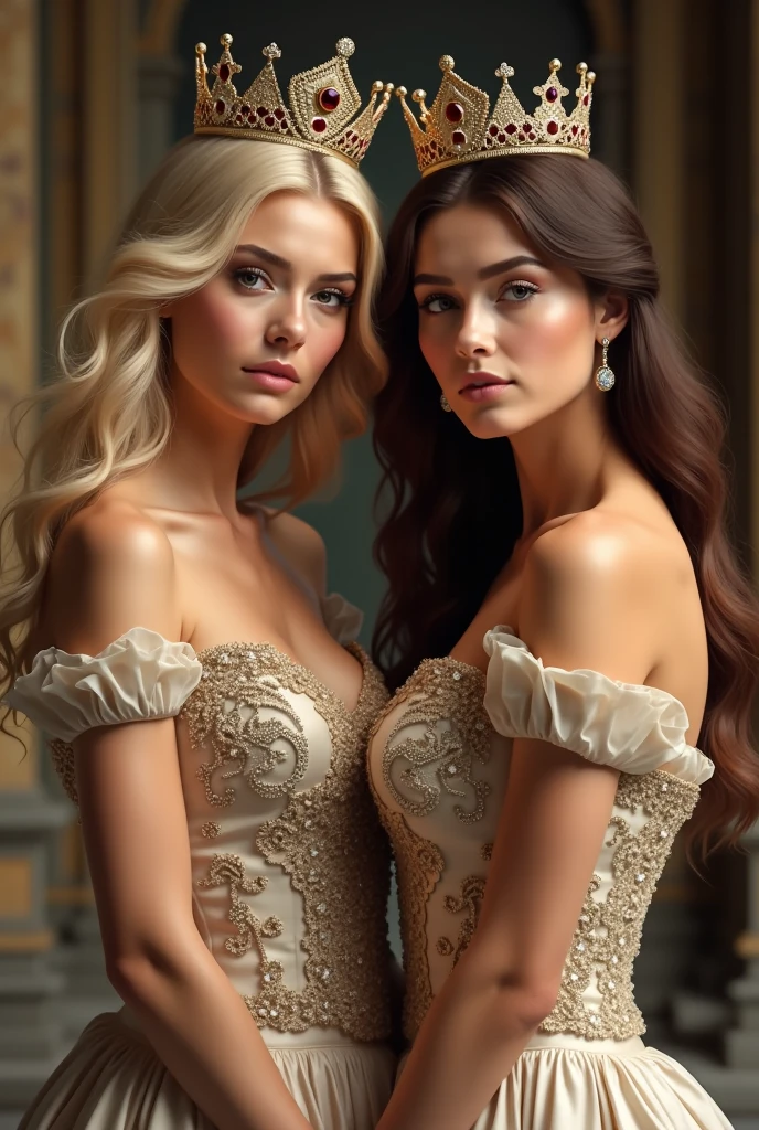 a beautiful woman with long brunette hair, a blonde woman with black eyes, two women with big breasts, detailed faces, high quality, photorealistic, cinematic lighting, dramatic pose, elegant formal dress, fantasy art style, rich color palette
