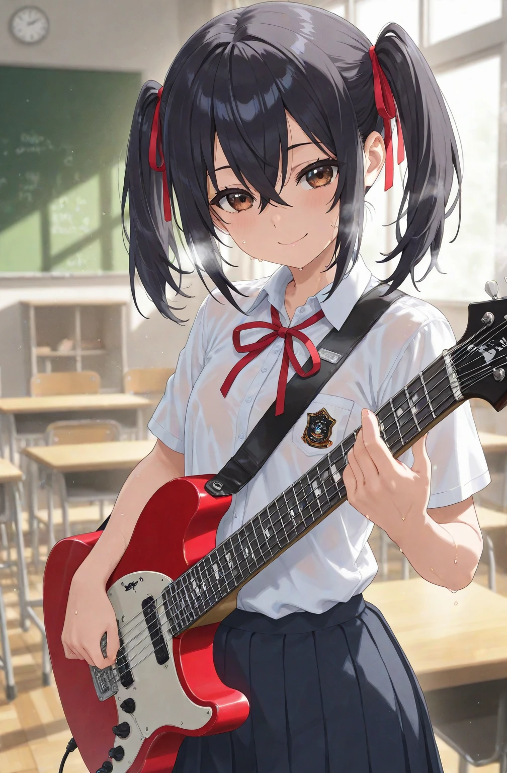 (((NSFW)))、((Masterpiece, Highest quality、Super detailed, Attention to detail))、Tabletop、girl、((high school girl、Black Hair、Short Hair、Slit eyes、Red Eyes、eight-headed body、Model-like style、Slender、School uniforms))、(White Shirt、Black Skirt、Black knee-high socks、Black Loafers)、Silver earringultiple silver accessories、Silver Ring、Silver Ring、bandギャル、(Red electric guitar)、((Underground live house、band、dim、Standing and playing guitar))、((No bra、No underwear))、(((Sweating a lot、Sweat dripping、Sweat vapor)))、((hot、Sweaty smell、Clothes get wet、Clothes are see-through))