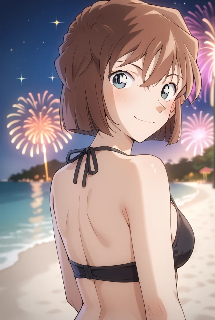 Masterpiece, 4K quality, attractive girl,bikini verde, playa, night sky, Fireworks, contagious smile,blue eyes, green bow on head, short orange neck hair