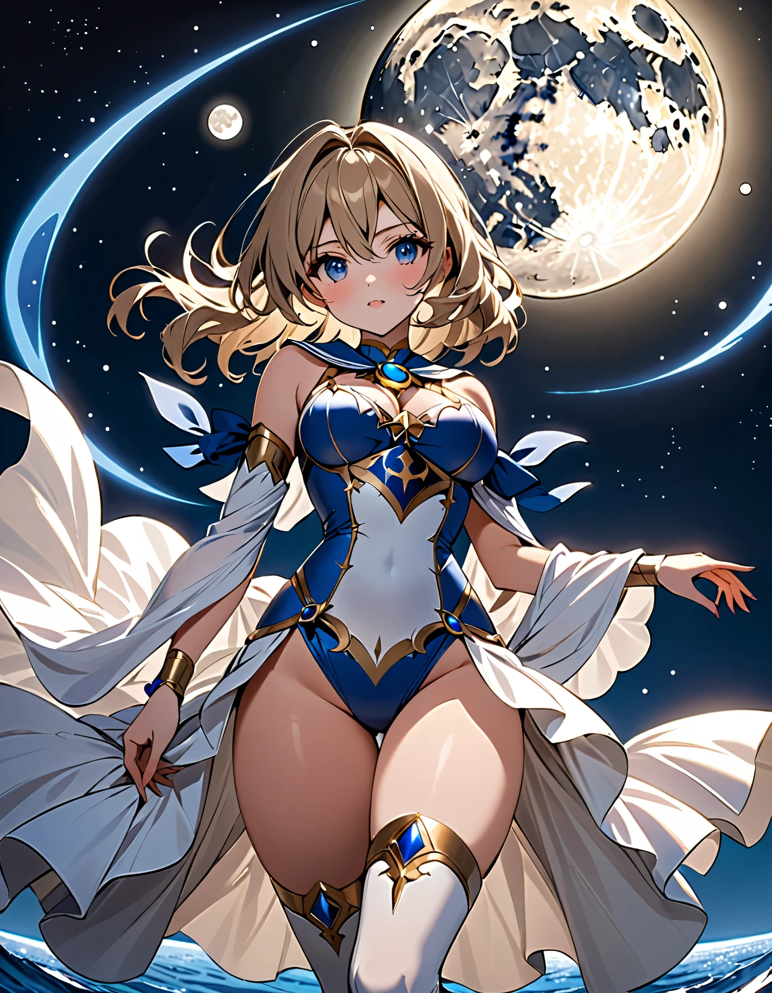 1womanl,Golden head hair,12year old ,((Impatient expression)),Beautiful breasts,(((Sexy magical girl white and blue high-leg bodysuit)))(())(((Blushing cheeks、Surprised look)),((())),((( portlate))),Blue eyes,(((Bangs are aligned)))()Street,Crowds(magical girl hair ornament)