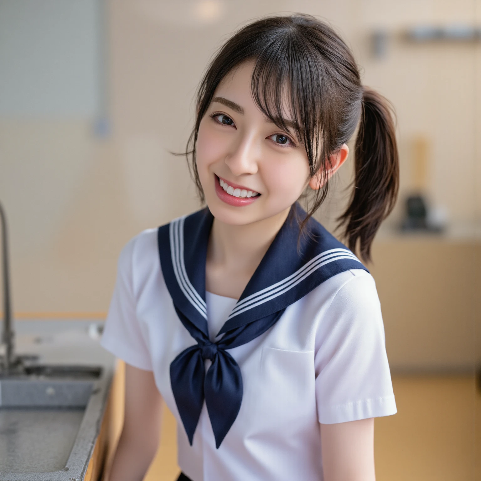 (masterpiece:1.3),(8k, Realistic, RAW Photos, Best image quality: 1.4), Wet, (1 girl)、Beautiful Face, (Lively Faces、young), (Black-haired, bangs:1.5,Medium Hair:1.3), Beautiful Hairstyles, Realistic eyes：1.2, Beautiful and beautiful eyes, Puffy eyelids、thin目、(Real Skin), Beautiful Skin, charm, Ultra-high resolution, Attention to detail, Golden Ratio, pretty girl:1.4、highest quality、masterpiece、Ultra-high resolution、(Realistic:1.4)、Highly detailed and professional lighting、（((transparent,Flat Chest：1.5,Small breasts：0.2,The body is slim：1.5、thin：1.5))）、thin、（Big smile：1.2、Deadly position、stupid、(17 years old:1.5),Sailor suit、