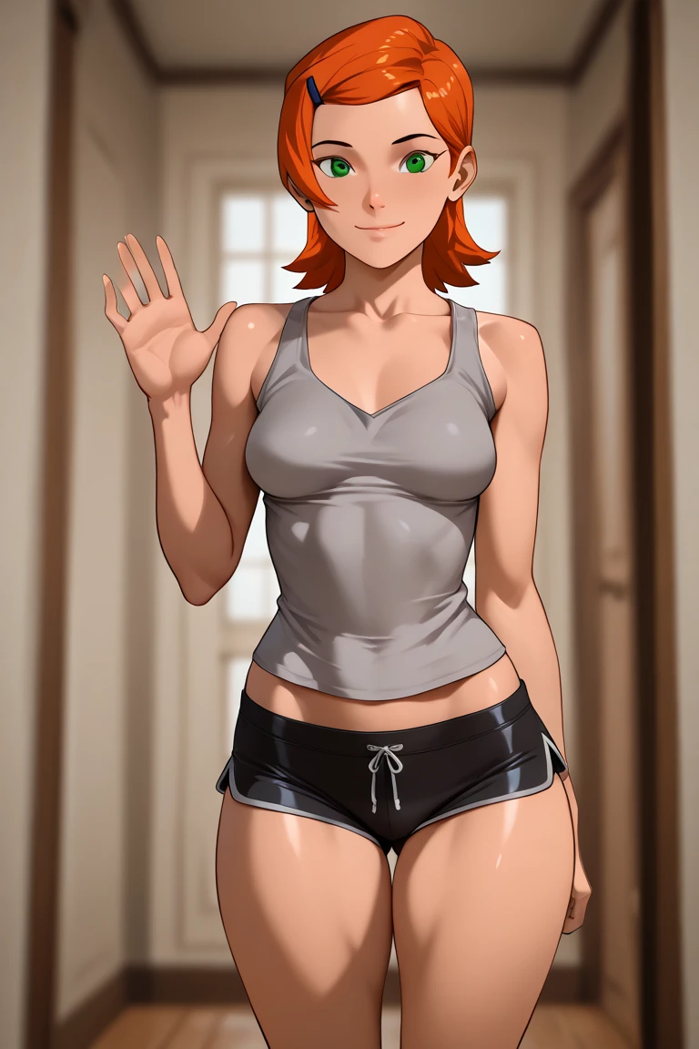 , mrs yuigahama, orange hair, hair bun, kneeling, blowjob, transparent tanktop