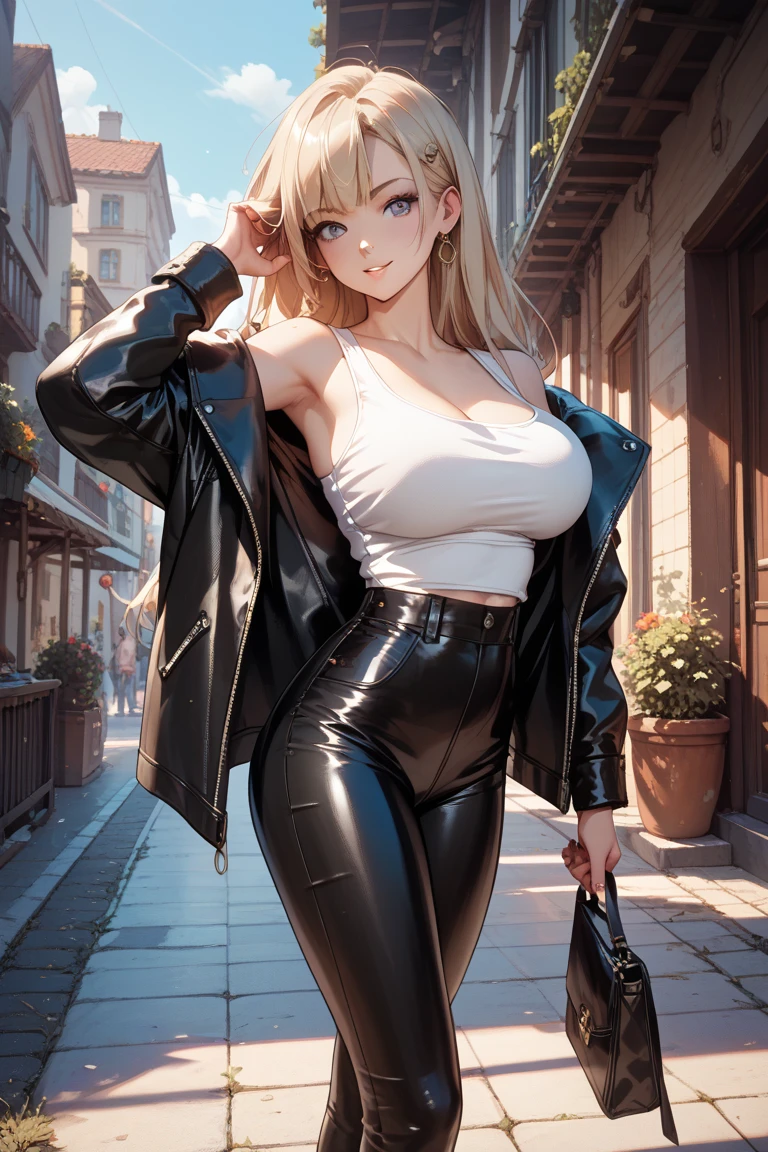(masterpiece, best quality),  1girl, (oversized leather jacket), navel, thick thighs, shorts, ((intricate, dappled sunlight, poster)), long hair,  wavy hair, blonde,  head tilt, wide hips,  , street, (((looking down))), , sciamano240, soft shading, detailed, semi-realistic    smirk, sultry look, seductive, , sultry look, seductive
