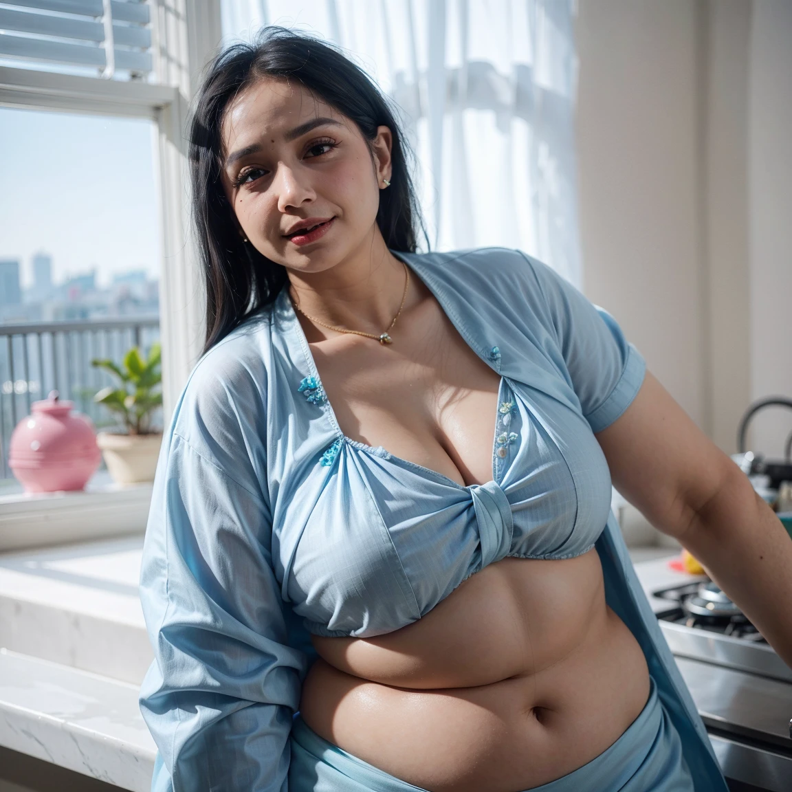 a 50-year-old shirtless man affectionately hugging and kissing aradiant, full-figured South Indian plus-sized 30 year old teacher wearing a off white silky saree in dressing room, (cum Splash on her face and blouse, cum Splash on her face, cum Splash)captured in a full-body image with vibrant hues and meticulous details. Full body image
