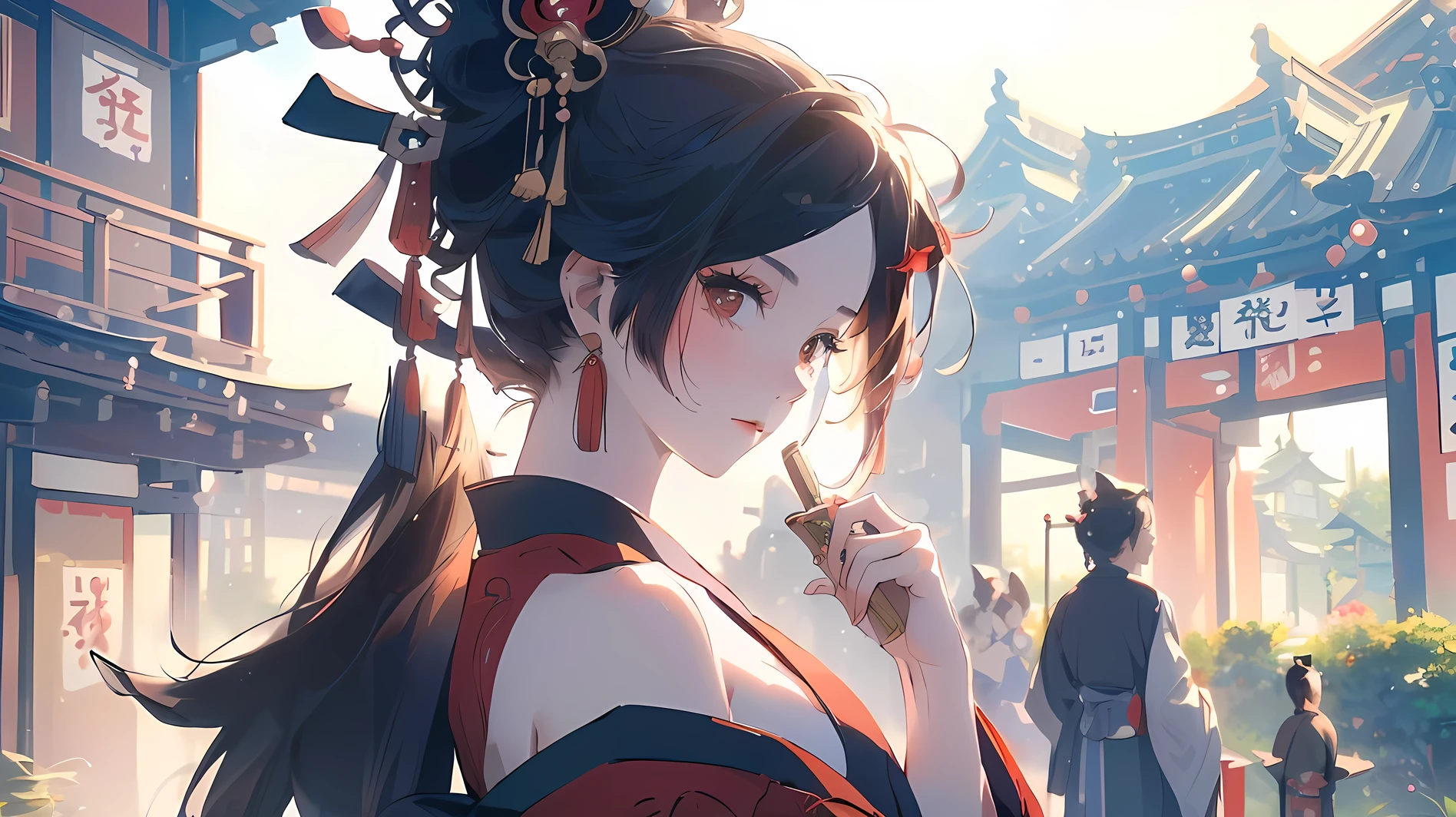 (((Best quality, 8k, Masterpiece: 1.3)), ((best quality)), ((masterpiece)), (detailed), perfect face, perfect body, (detailed skin:1.3), (intricate details), Kyoto, geisha, Oiran, kimono, courtesan, Japanese house, geisha hut, shamisen, folding screen, off-shoulder