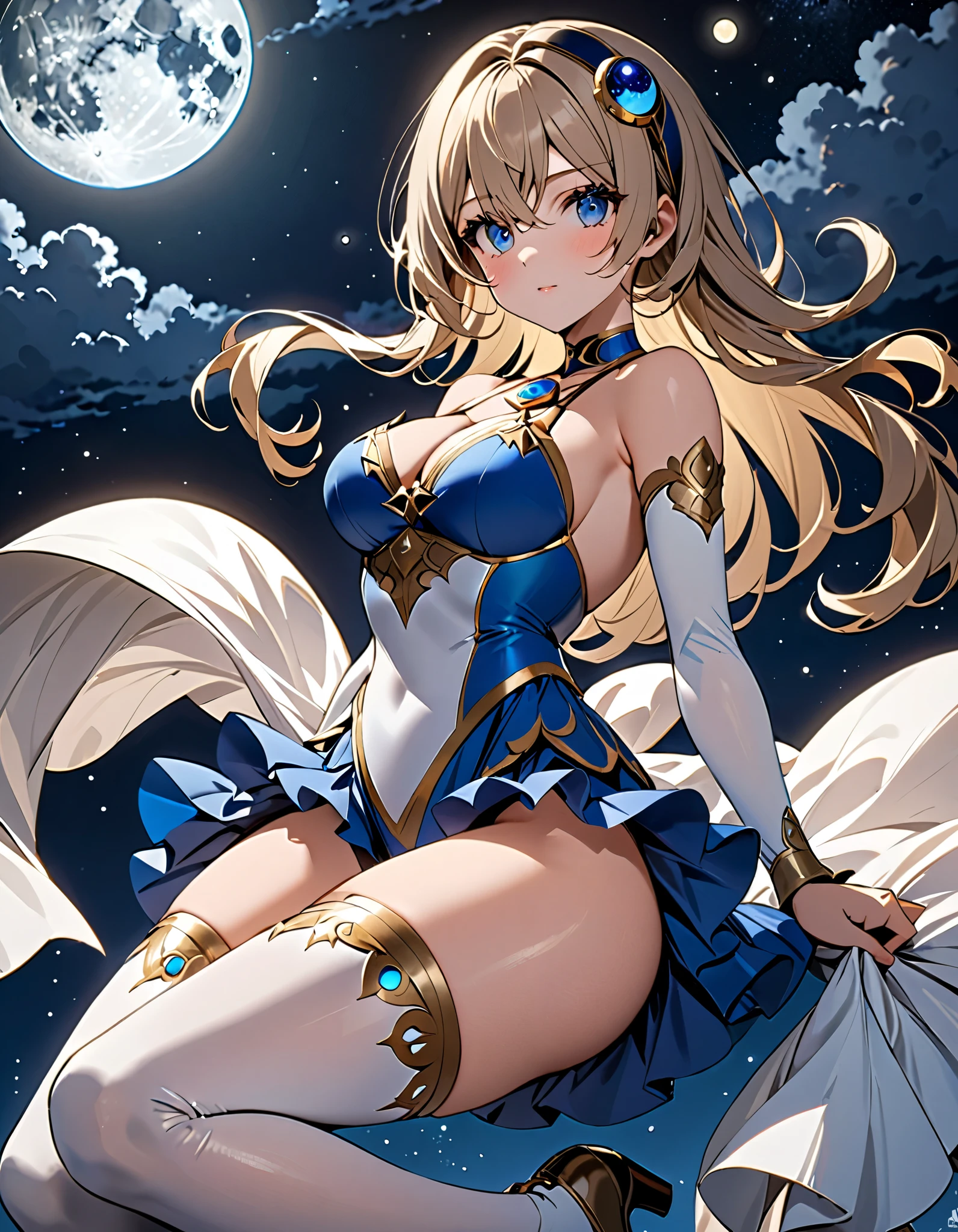 Azure Warrior。crusader。An illustration。girl。gold。Big Breasts。Fantasy。Exposed。Light clothing。White skin。mini skirt。Big Breasts。Showing her panties。With legs apart。Fresnel。The hair is transparent with light。Thick thighs。Big Ass。Angle from below。Facing forward with legs apart。