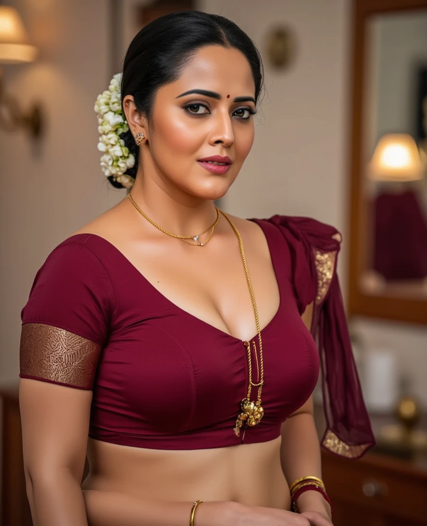 Foto RAW, photorealistic, photography, full body shot, master shot, perfect eyes, goddess like beauty, pierced eyes, curvy, perfect thick chubby mallu Desi aunty bhabhi, bridal photography, wedding photoshoot, Wearing a Stanapatta, a chest-band.Saree model, model Photography, Indian saree shoot, Indian traditional wear advertising photography, traditional wear brand shoot, face of Indian actress Sonakshi Sinha, masterpiece, realistic, realism, incredible details,  pleasure, photorealism, detailed skin, skin pores, high contrast, photorealistic Artstation 8k HD digital art trend of high definition and detailed realistic skin texture, ultra detail, realistic skin texture, armature, best quality, ultra high definition, (photorealistic:1.4),, high resolution, detail, raw photo, sweat, Re sharp, by Lee Jefferies Nikon D850 Film Stock Photo 4 Kodak Portra 400 Camera F1.6 Lens Rich Color Ultra Real Realistic Realistic Textures Dramatic Lighting Unreal Engine Trending at Art Station Cinestill 800,(pele altamente detalhada: 1.2), 8k UHD, DSLR, soft-lighting, alta qualidade, grain of film, Fujifilm XT3,she didn't like to wear blouse or bra, she is happy to wear only saree, sexy navel folds, fleshy figure, she hates blouse or bra, detailed hairy armpits, hyper realistic skin, skin pores, sweat, veins, aesthetic, sensually appealing, 