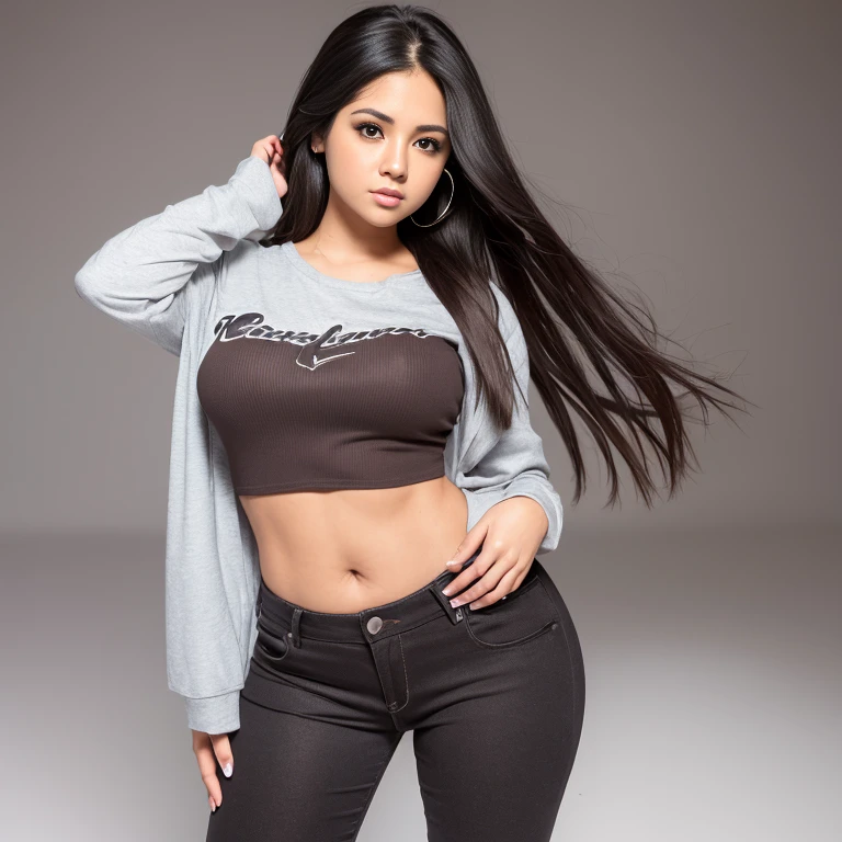short indian brown woman with long hair, skinny, small perfect breasts, big hip, big ass, thick curvy, woman wearing t-shirt and leggings, front view, sexy face, detailed.