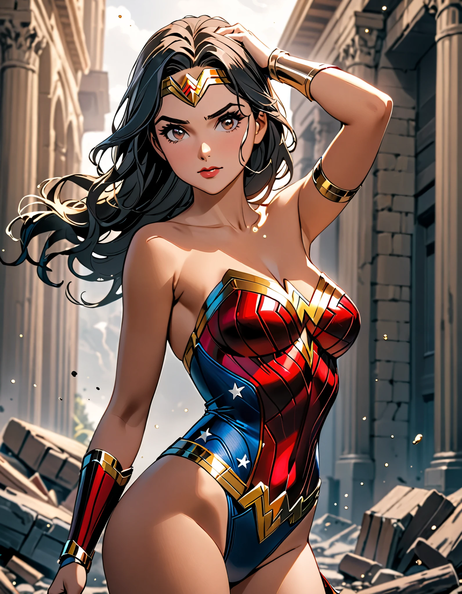 1woman，Sexy ，Wonder Woman, (intricate details, makeup), (detailed beautiful delicate face, detailed beautiful delicate eyes, perfectly proportioned face), (Glossy skin: 1.0), finely detailed skin, strong and realistic blue eyes, realistic black hair, lips, makeup, natural skin texture, tiara, red and gold bustier, blue leotard with white stars, silver bracelets, (Red knee high boots:1.2), golden belt, (Wonder Woman clothing:1.0), bare shoulder, ((light tan skin: 1.4)), mature, Sexy, elastic muscles, (muscle: 1.2), ((strong and healthy body)), (((the more) muscle))), cleavage, Long leg, Curvaceous, (Big breasts: 1.3), ribs, thin waist, soft waist, (finely detailed skin), (beautiful and sexy woman), (swollen lips: 0.9), (eyelashs: 1.2), very delicate muscles, the perfect body, perfect anatomy, perfect details, perfect fingers, perfect limbs, thigh gap, (The Perfect Hand: 1), Long black hair with wavy curls，masterpiece,highres,bestquality,solo,squatting down, busy city background,