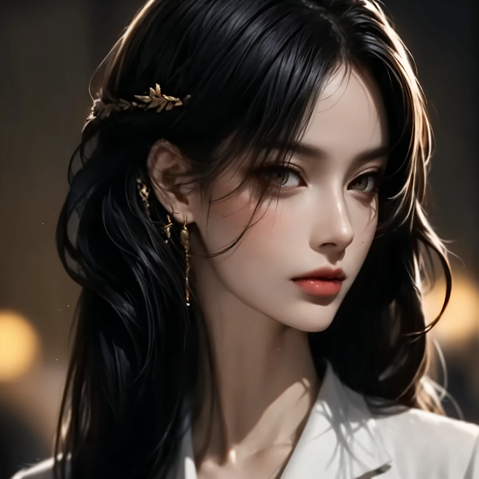 ((best quality)), ((Masterpiece)), ((Enrich the picture,Masterpiece level quality)), golden hair, long hair, very big breasts, golden eyes, fierce woman, mafia boss, eyes details, best quality, street fashion, RAW 4K, Realistically, ( cinematic lighting, moody, textile shading), perfect proportions, ultra detailed, volumetric lighting, soft lighting, glossy skin, beautiful face, Special face details, strong emotions, elegant gesture, Detailed facial features, Long eyelashes, contrast, great details, Incredible atmosphere, Fascinating setting, sexy mini white shirt, mafia suit, mini black skirt, hips up, luxury bar,