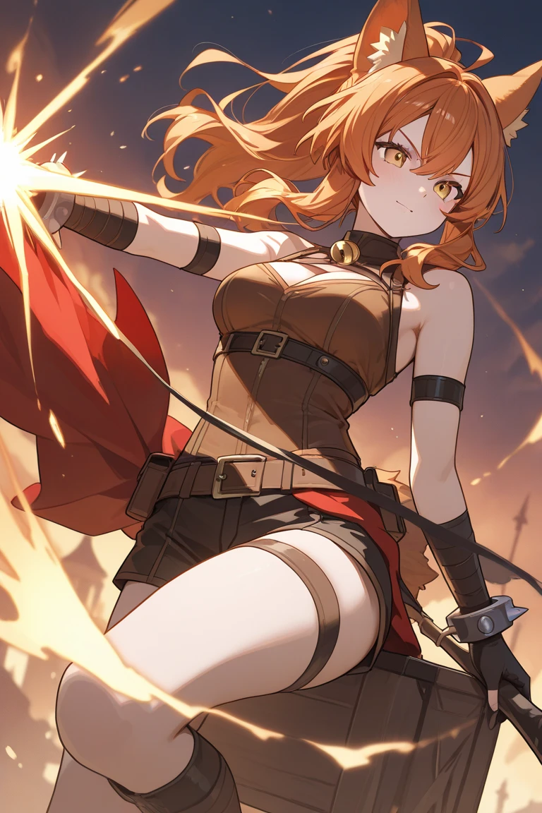 fantasy, orange bikini armor, short blonde hair, brawler, bare shoulders