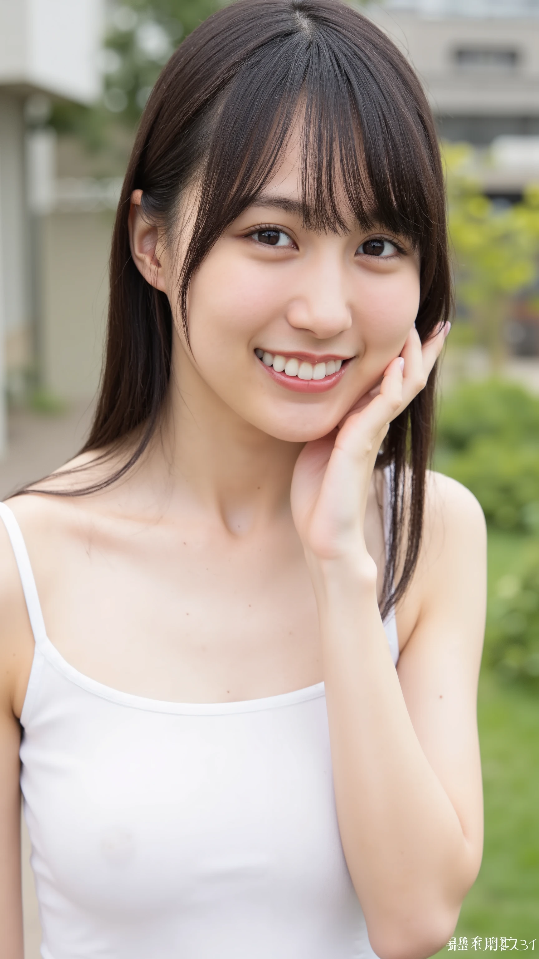 (realistic, photo-realistic:1.4), (best quality,masterpiece:1.2), RAW photo,high resolution,intricate details, extremely detailed, insanely detailed, soft light, cinematic lighting, (portrait, frontal photography:1.3), solo, 1girl, a 19yo female idol, standing, (tank top,skirt:1.5), (smaller breasts, flat chest, poor size bust:1.5), beautiful detailed eyes, detailed face, pale skin, fine-textured skin,dark hair,(straight hair, forehead:1.3), (cheerful grin, smile, parted lips:1.2), (licking my dick), photo background, outdoors, depth of field,,,[Nagi Inoue, Nogizaka46 5th generation],