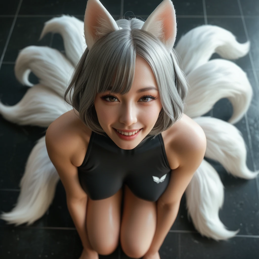 masterpiece, Highest quality anime illustrations, Super detailed, one girl, focus only, silver-haired beautiful girl, anime change, Cat ear , sleeveless, smile, bare skin side breasts, thigh focus, butt focus,cat girl,Ass to tail,stick out your butt