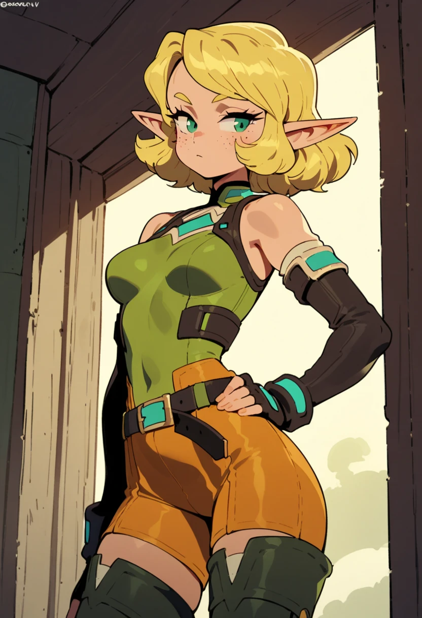 ((ultra quality)), ((masterpiece)), Evangelyne - Wakfu, Wakfu style, ((blonde short hair, evangelina hairstyle)), (Beautiful face), (beautiful female lips), (elven long ears), charming, ((sexy facial expression)), looks at the camera, eyes slightly open, (skin color white), (White skin), glare on the body, ((detailed beautiful female eyes)), ((dark green eyes)), (juicy female lips), (dark eyeliner), (beautiful female hands), ((ideal female figure)), ideal female body, beautiful waist, gorgeous thighs, beautiful large breasts, ((subtle and beautiful)), sexy sits (close up of face), (black clothes Evangelyne - wakfu season 1, clothes from the first season of the animated series, white top) background: the forest, ((depth of field)), ((high quality clear image)), (clear details), ((high detail)), realistically, professional photo session, ((Clear Focus)), anime