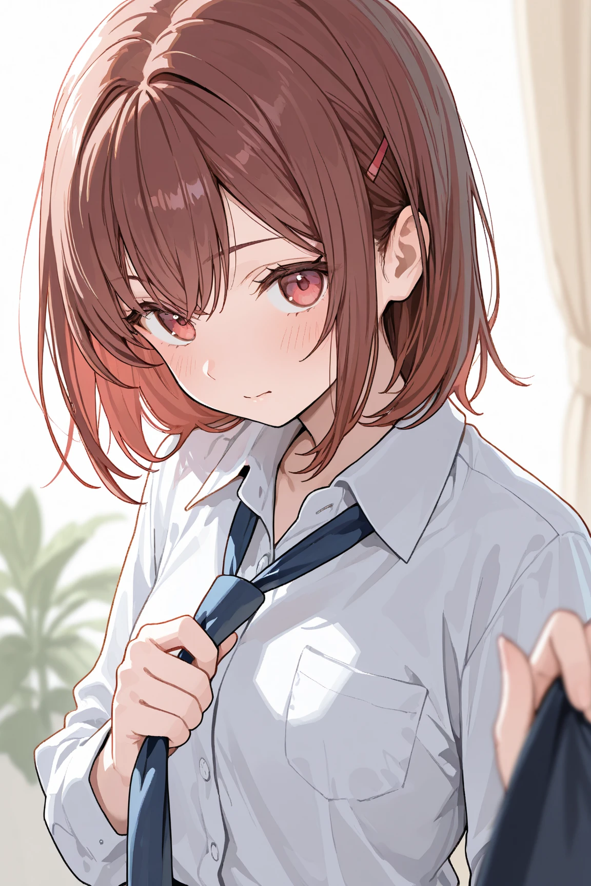 Kyoko DG, 1girll, tiese, Solo, Jacket, shirt, view the viewer, Long sleeves, White shirt, Collared shirt, sit on chair, Classroom, Pink blood,