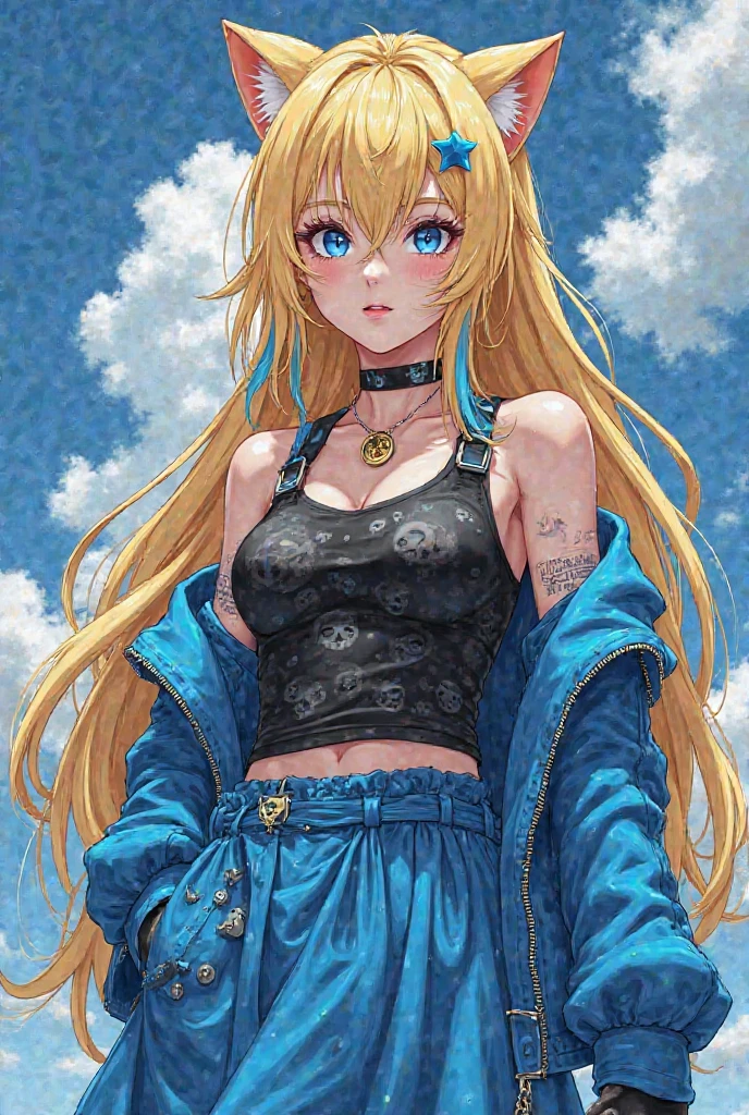 ((masterpiece)),(illustration),(((best quality)),iridescent,
((beautiful detailed girl)), medium breast,upper_body,
(delicate cute face),lovestruck,(iridescent eyes),
((floating_hair)),iridescent,
parted lips, black choker, gold chain, single glove, white gloves, long sleeves, bandeau, cleavage, strapless, tube top, navel, midriff, open jacket, open clothes, black jacket, black belt, denim shorts, cutoffs, mismatched footwear,
,beautiful landscape,
gold city \(umamusume\),  modeling shot,