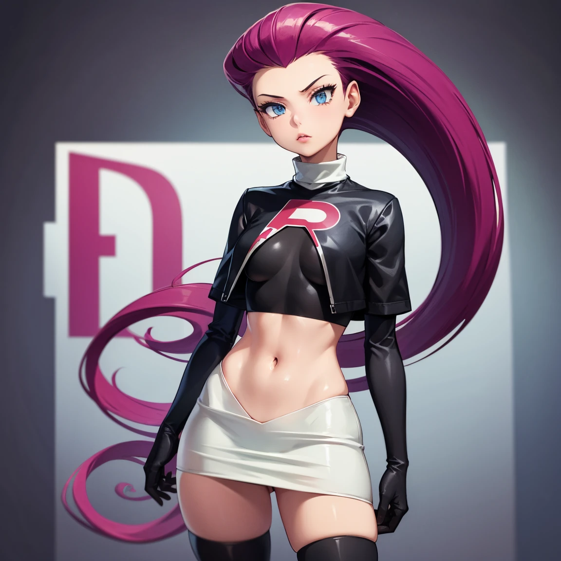 (ultra detailed), (illustration), (distinct_image), (intricate_details), (delicate illustration),(masterpiece:1.2),(best quality:1.2), 1girl, someshittysketches, masterpiece, best quality,upper body, solo, absurdres,scenery, <lora:jessie v2 by goofy ai:1> jessie pokemon, hair slicked back, long hair, purple hair, blue eyes, team rocket ,thighhighs, elbow gloves, [(white background:1.5), ::5], <lora:microwaist_4_z:0.5>
